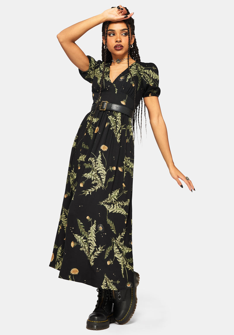 Cimora Dandelion Print Puff Sleeve Maxi Dress