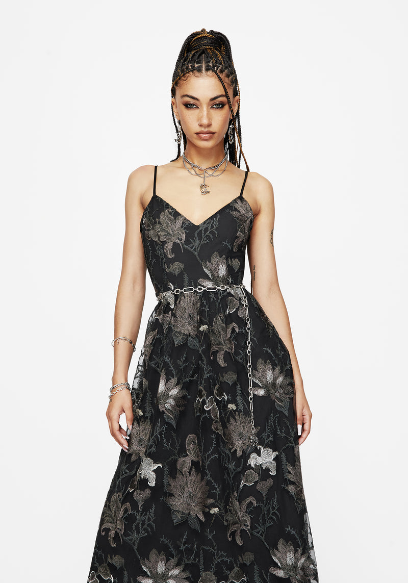 Estrid Embroidered Mesh Midaxi Cami Dress - Silver