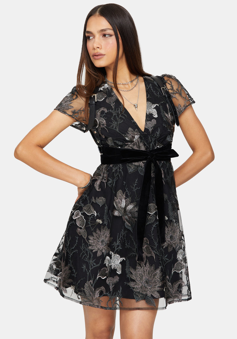 Estrid Embroidered Mesh Flute Sleeve Mini Dress - Silver