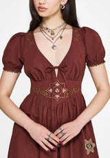 Arianwen Embroidered Puff Sleeve Midaxi Dress - Burgundy