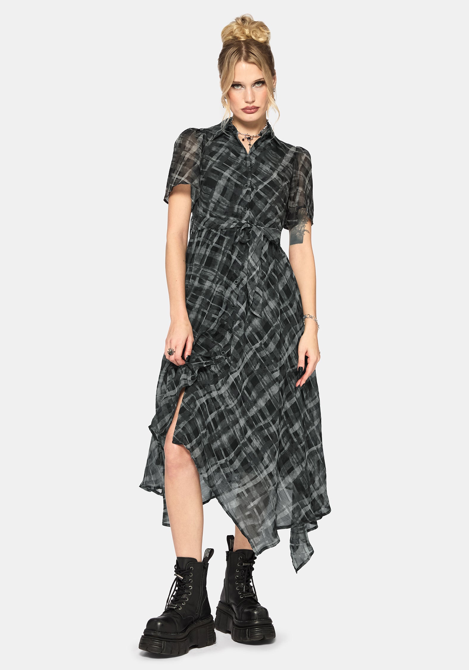 Rhoswen Checked Hanky Hem Midaxi Shirt Dress UK 10