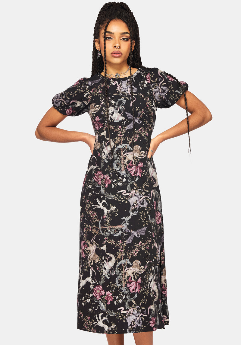 Merunicorn Enchanted Forest Print Puff Sleeve Midi Dress