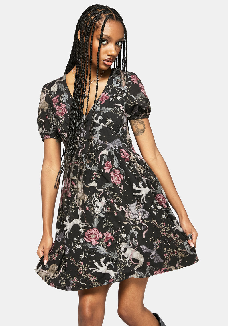Merunicorn Enchanted Forest Print Button Up Mini Dress