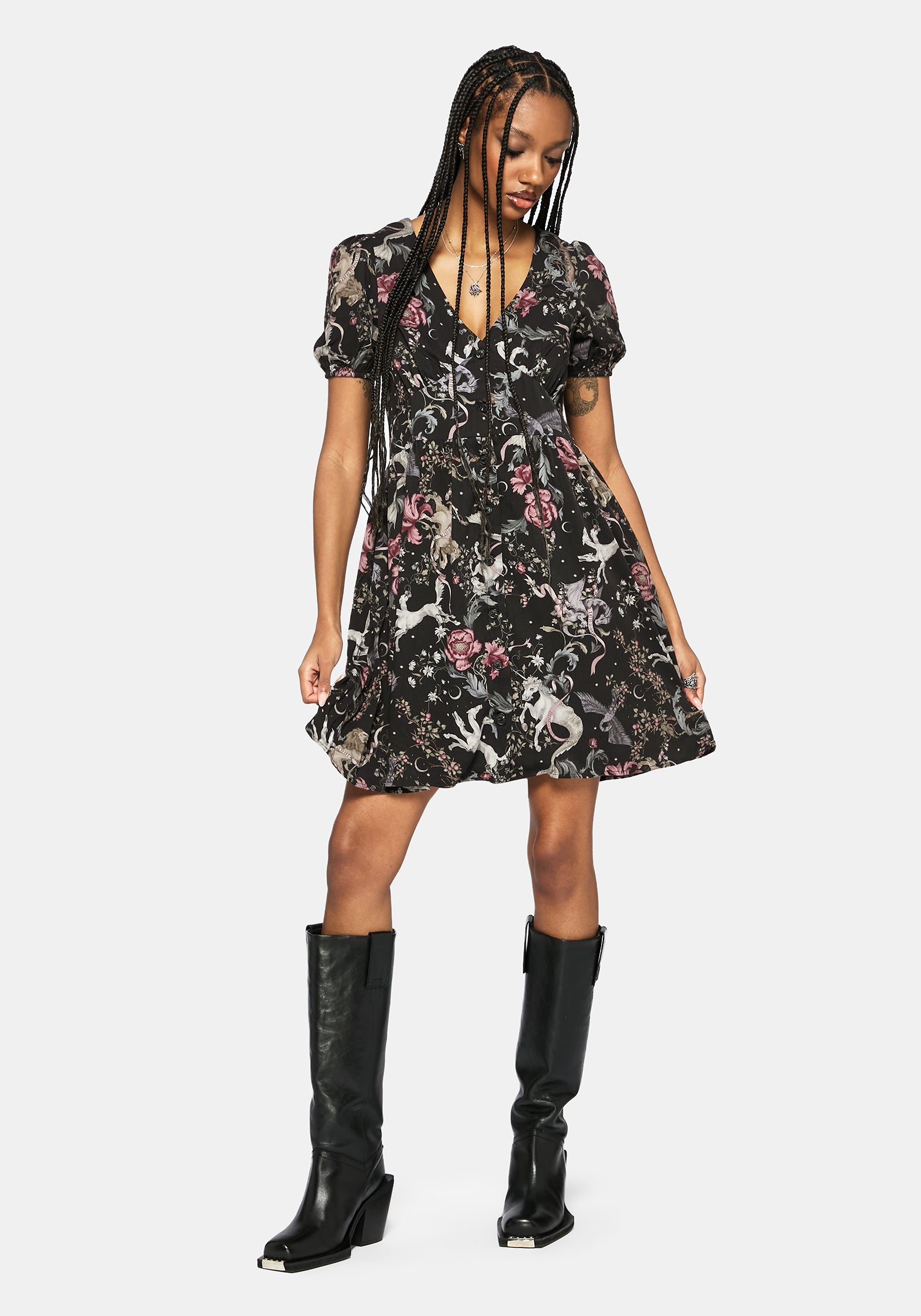 Merunicorn Enchanted Forest Print Button Up Mini Dress