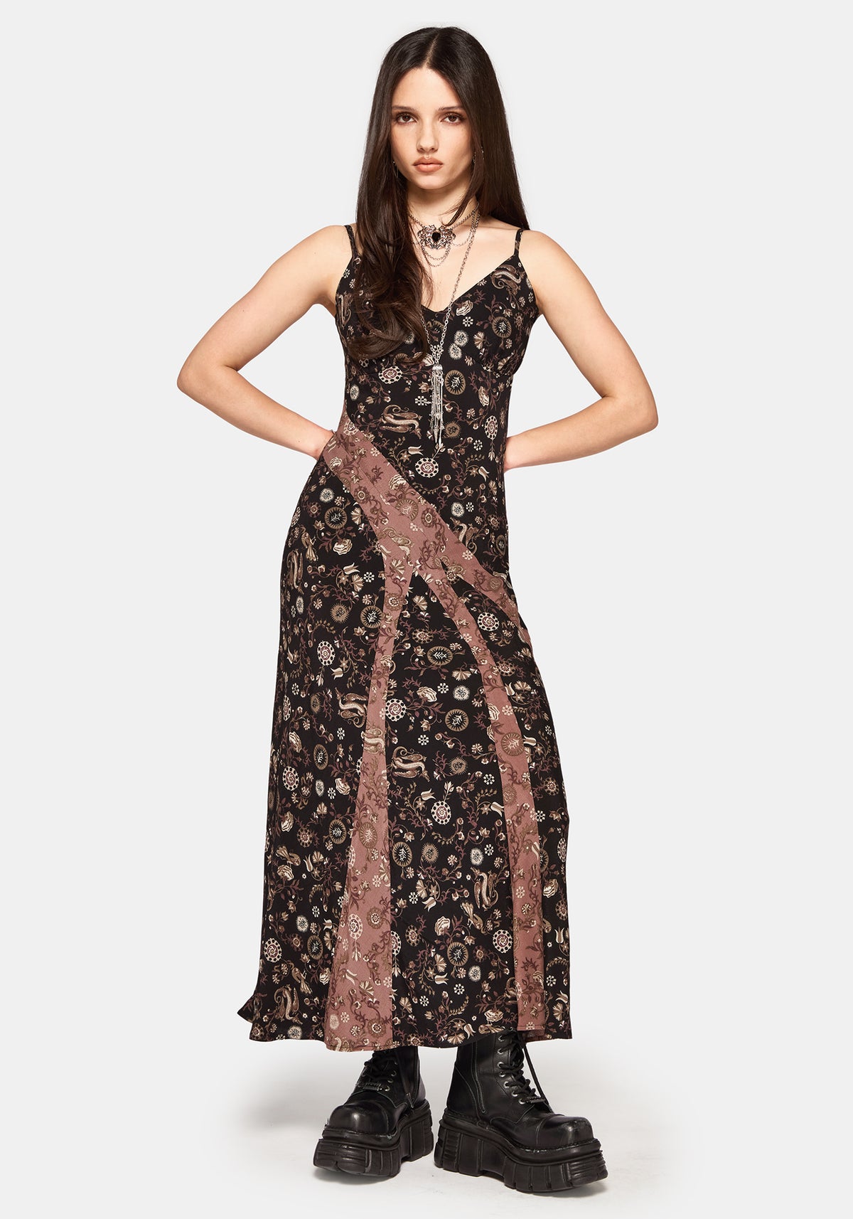 Sylra Ditsy Folk Spliced Print Asymmetric Cami Midaxi Dress