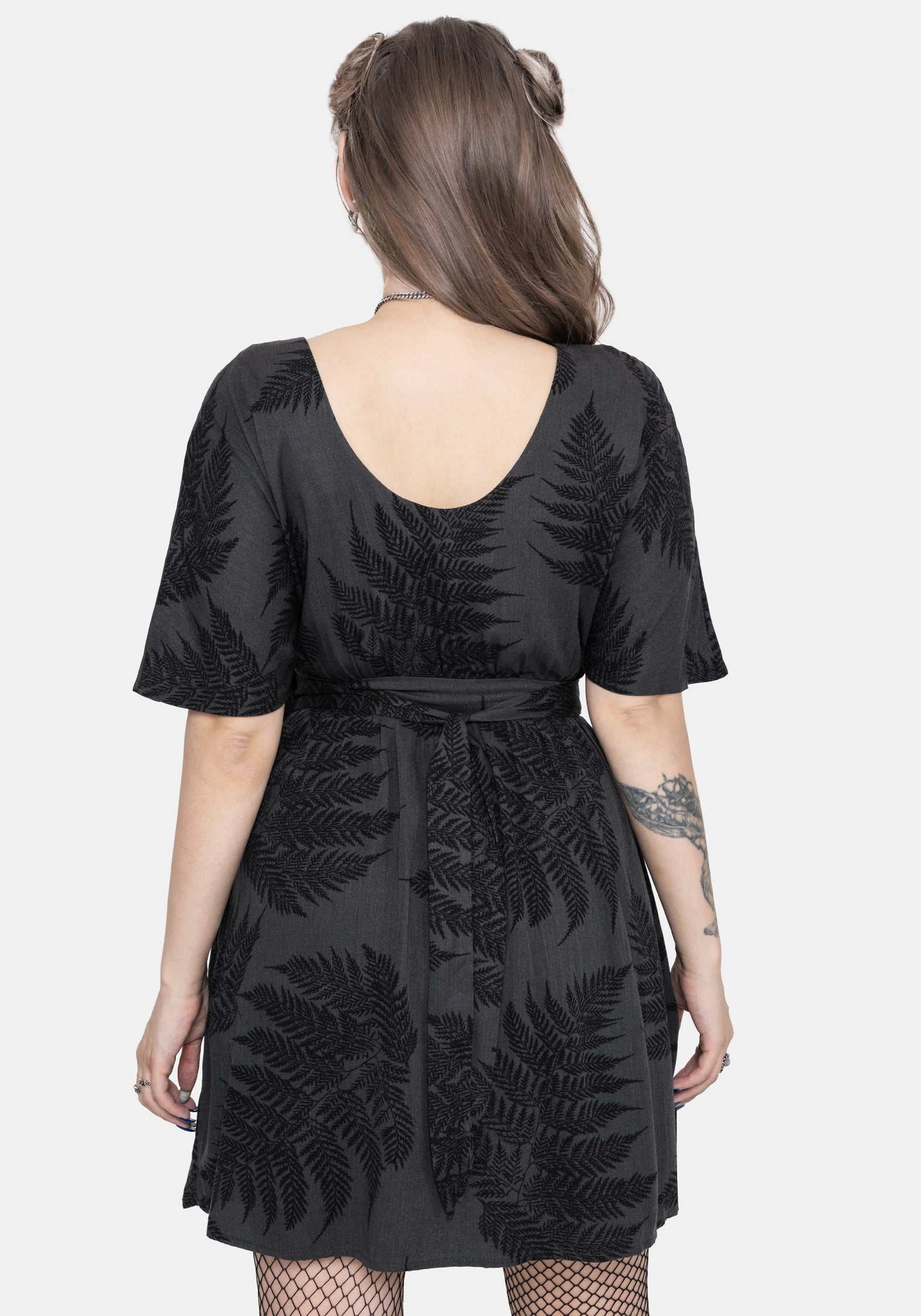 Ruin Fern Printed Tie Back Mini Dress - Grey