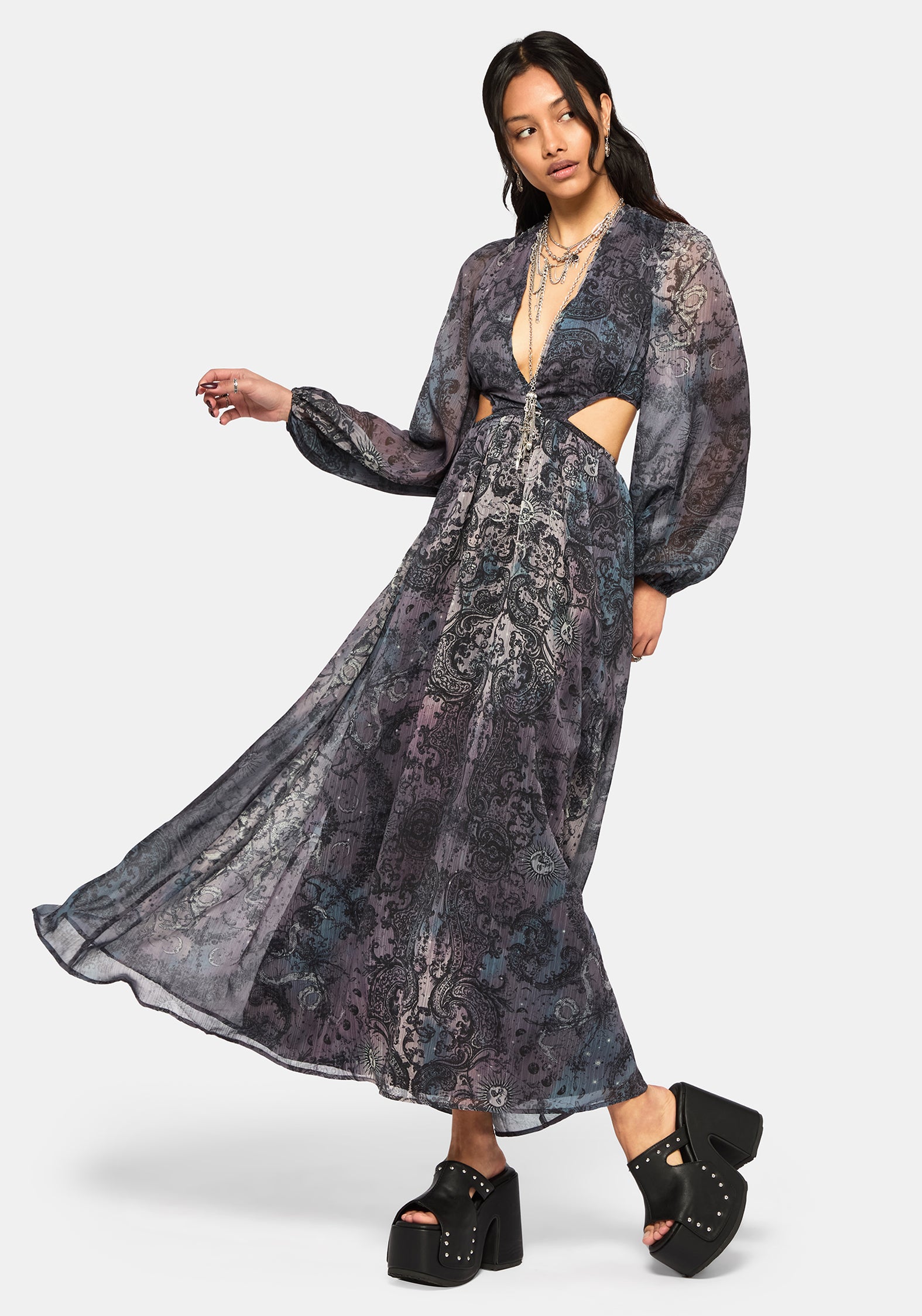 Gaia Celestial Print Chiffon Maxi Dress