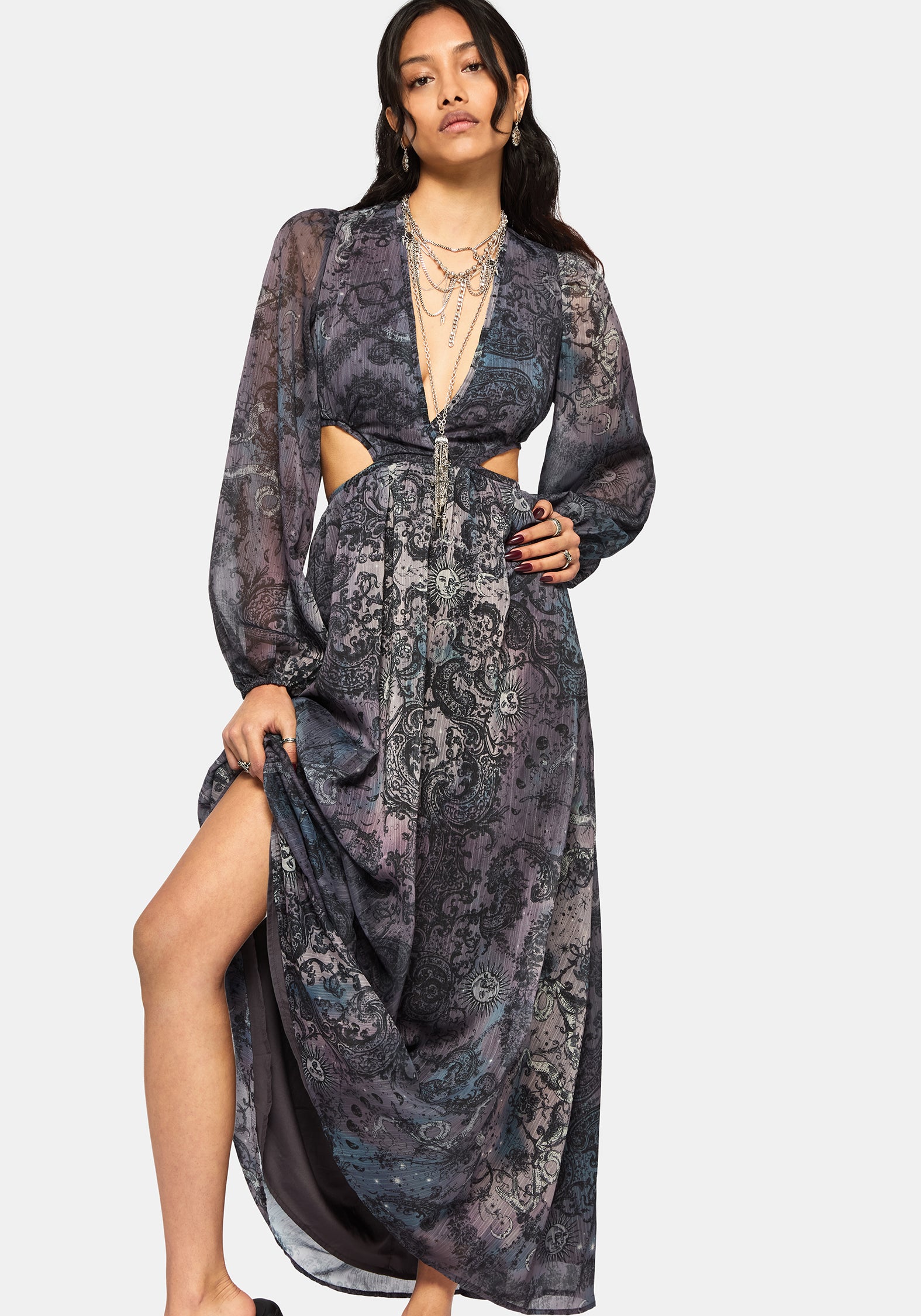 Gaia Celestial Print Chiffon Maxi Dress