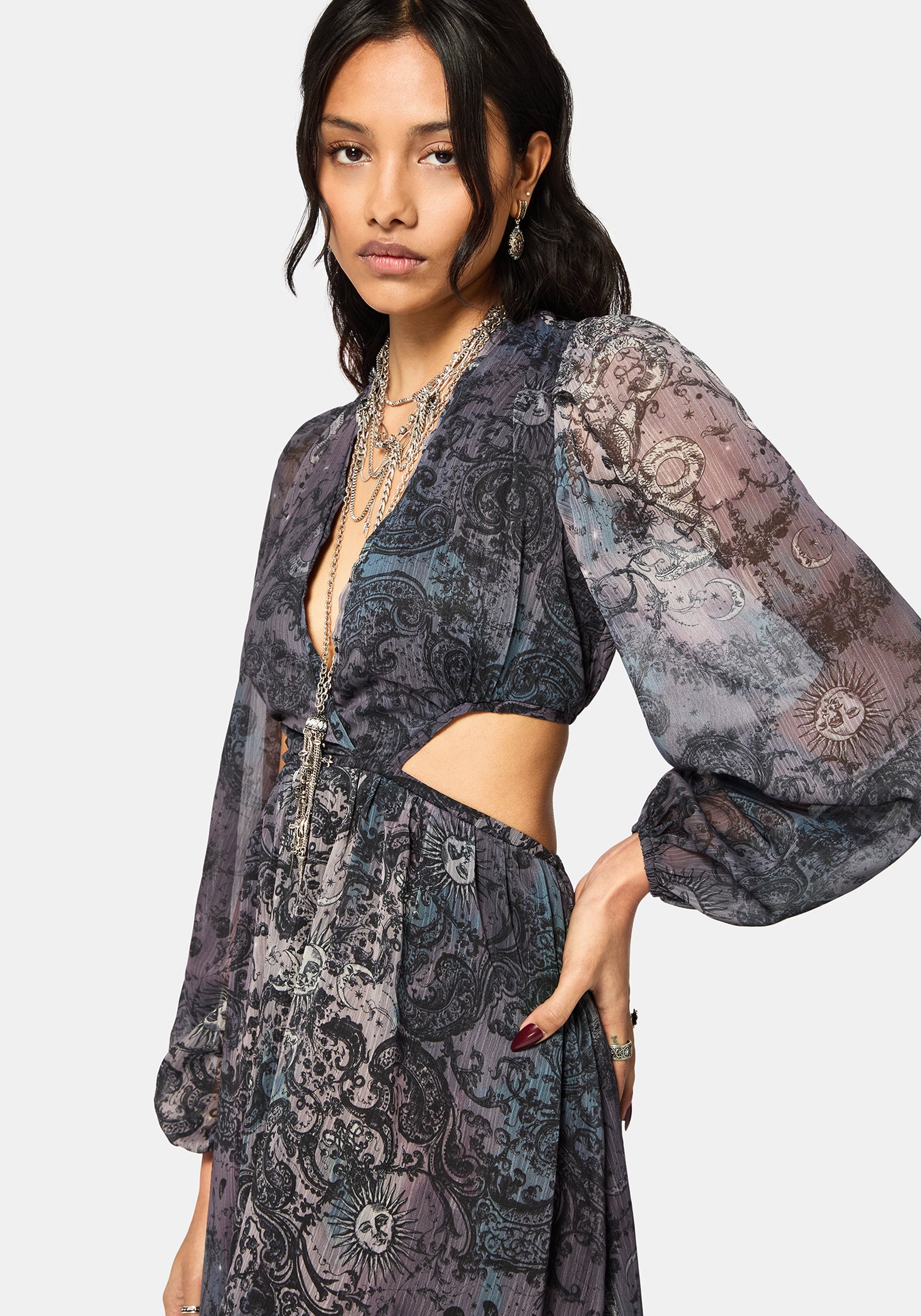 Gaia Celestial Print Chiffon Maxi Dress