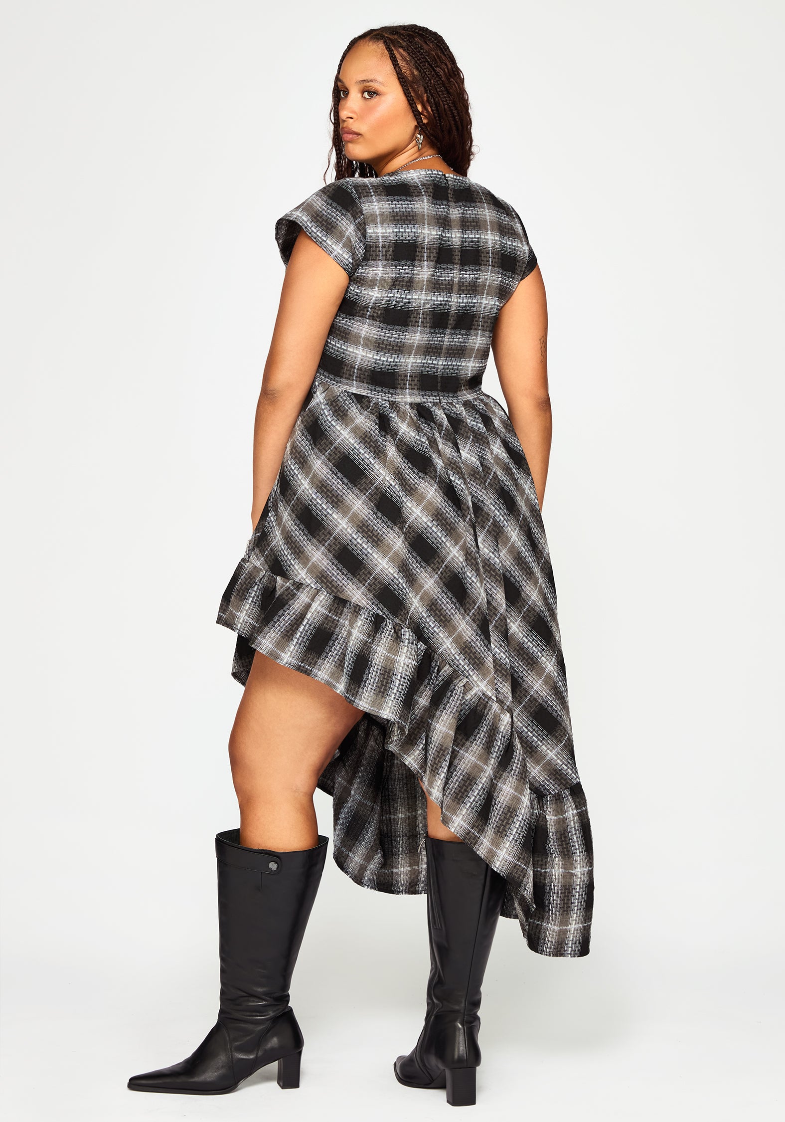 Noemi Check Asymmetric Ruffle Maxi Dress
