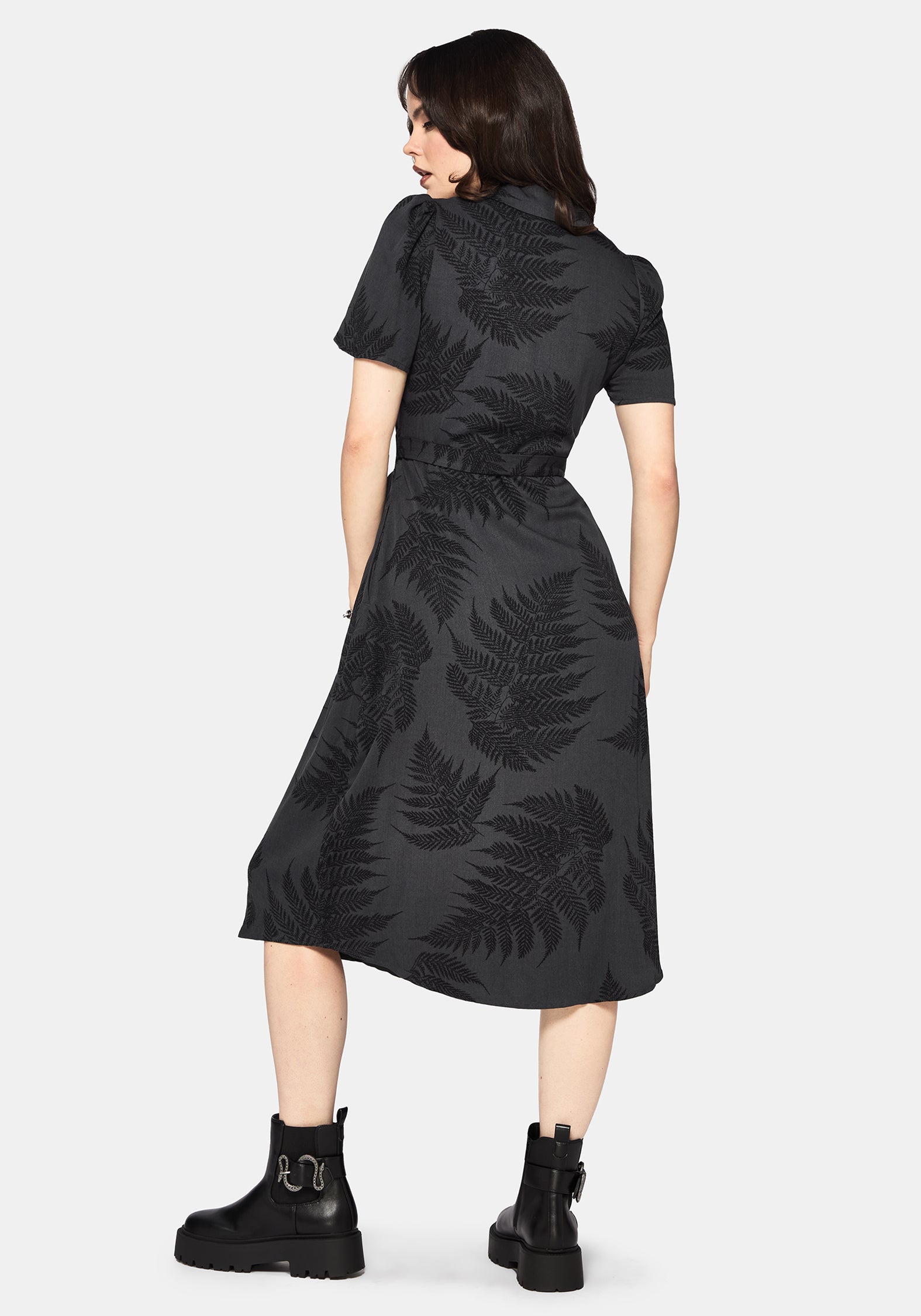 Ruin Fern Printed Button Up Midi Shirt Dress - Grey