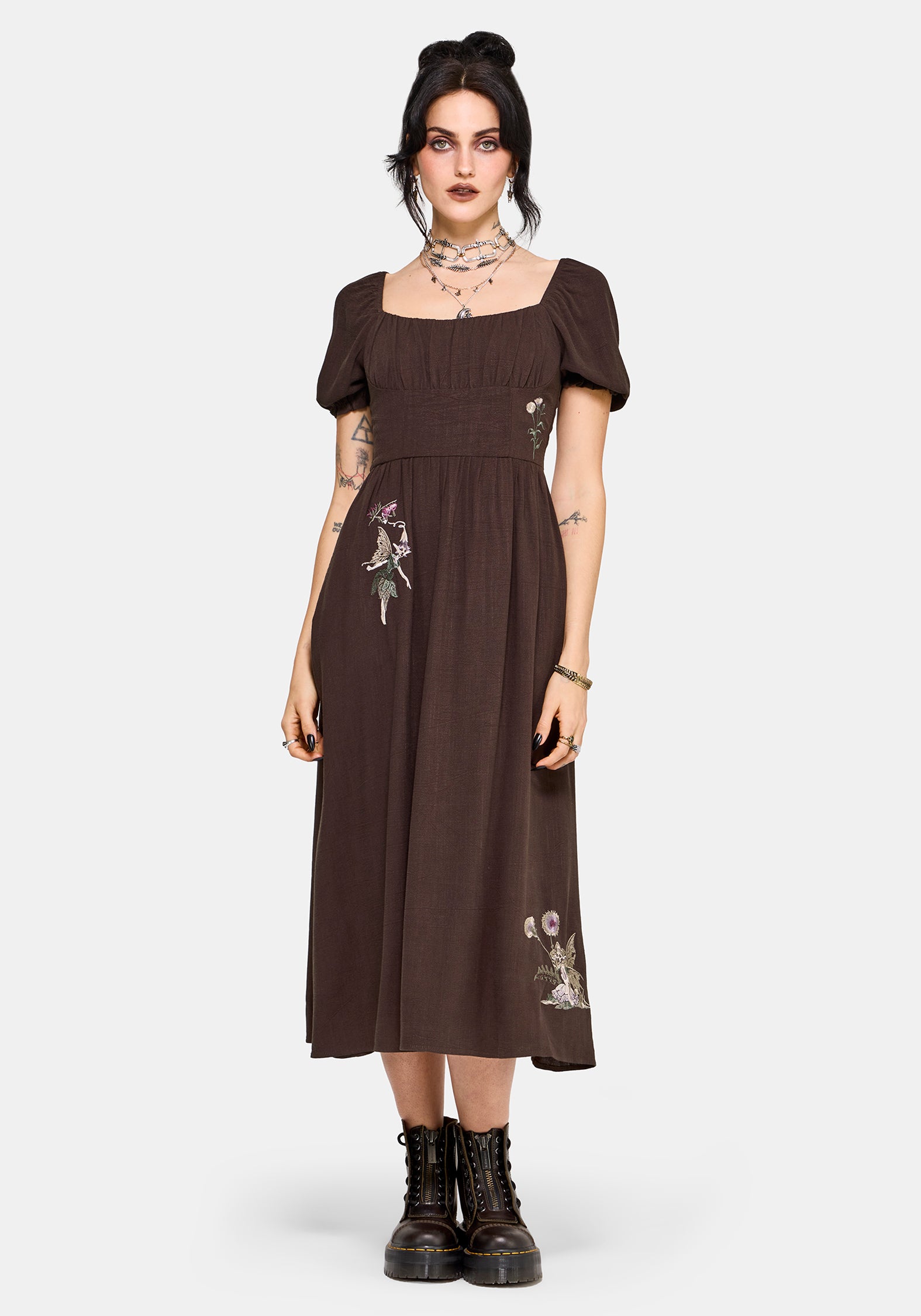 Faela Fairy Embroidered Milkmaid Ruched Midi Dress UK 6