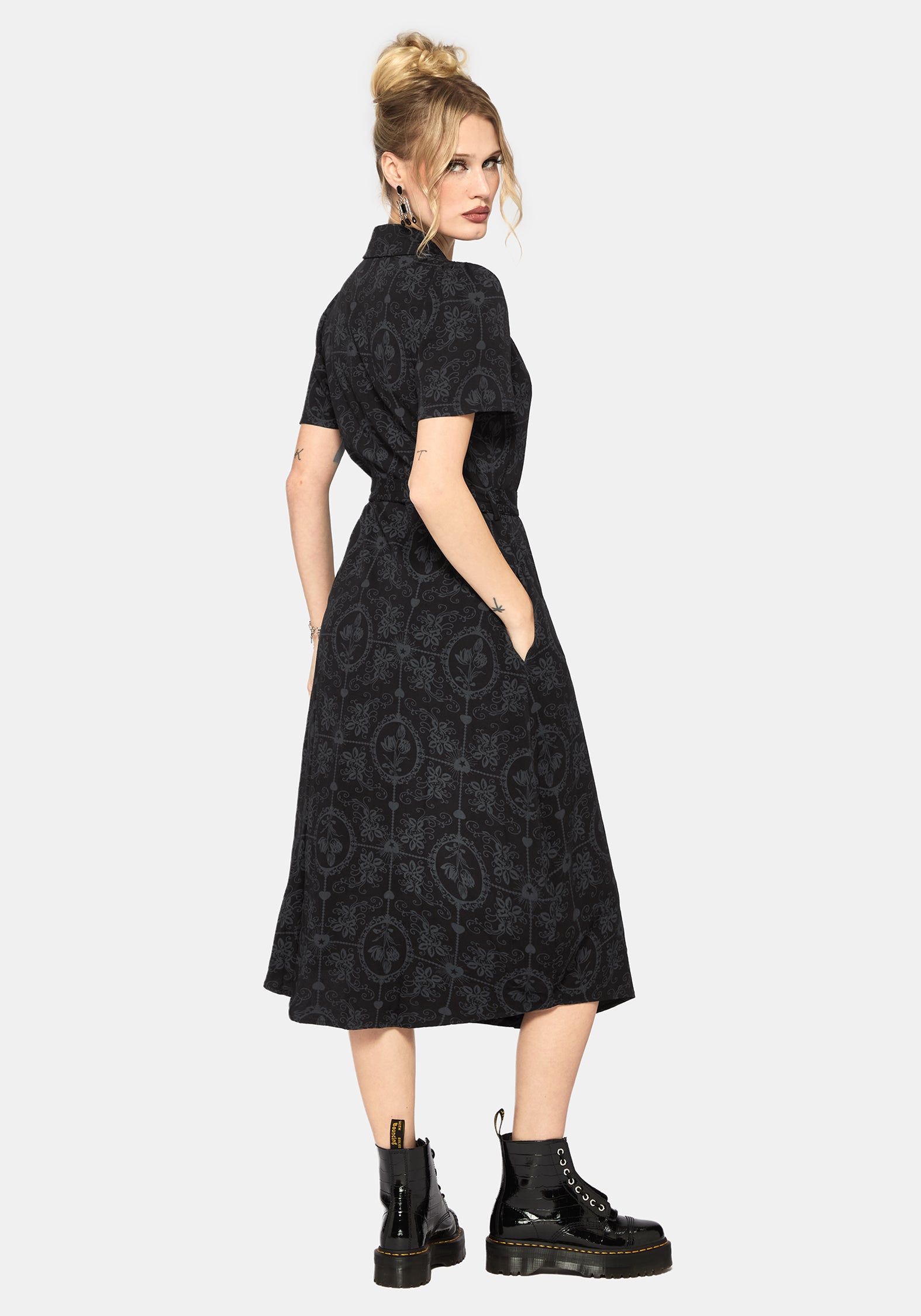 Cameo Floral Printed Tie Belt Midi Shirt Dress
