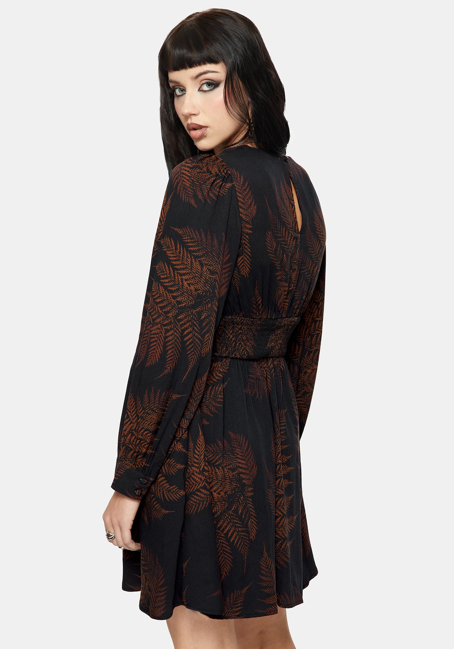 Ruin Fern Printed V-Neck Mini Dress - Brown