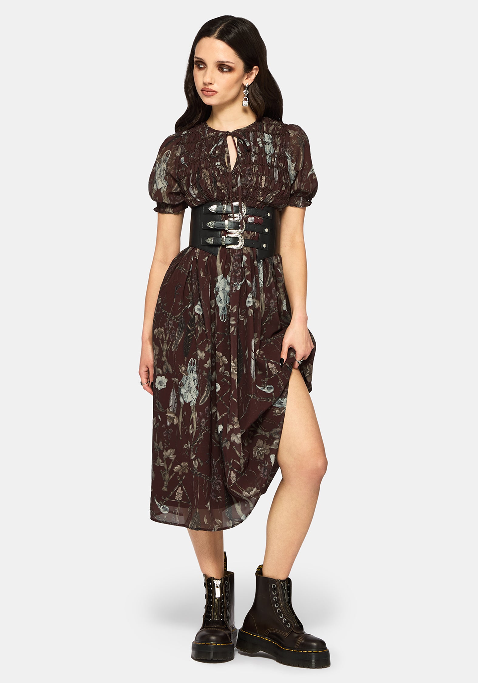Dusha Garden Print Chiffon Shirred Button Down Midi Dress