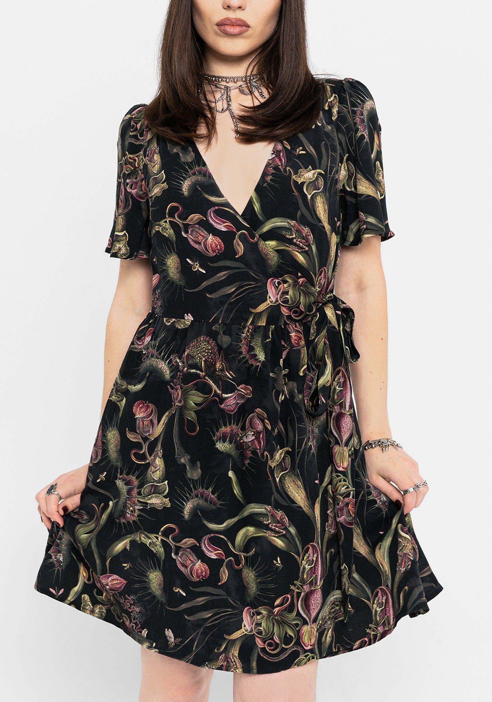 Dionaea Flytrap Print Wrap Mini Dress