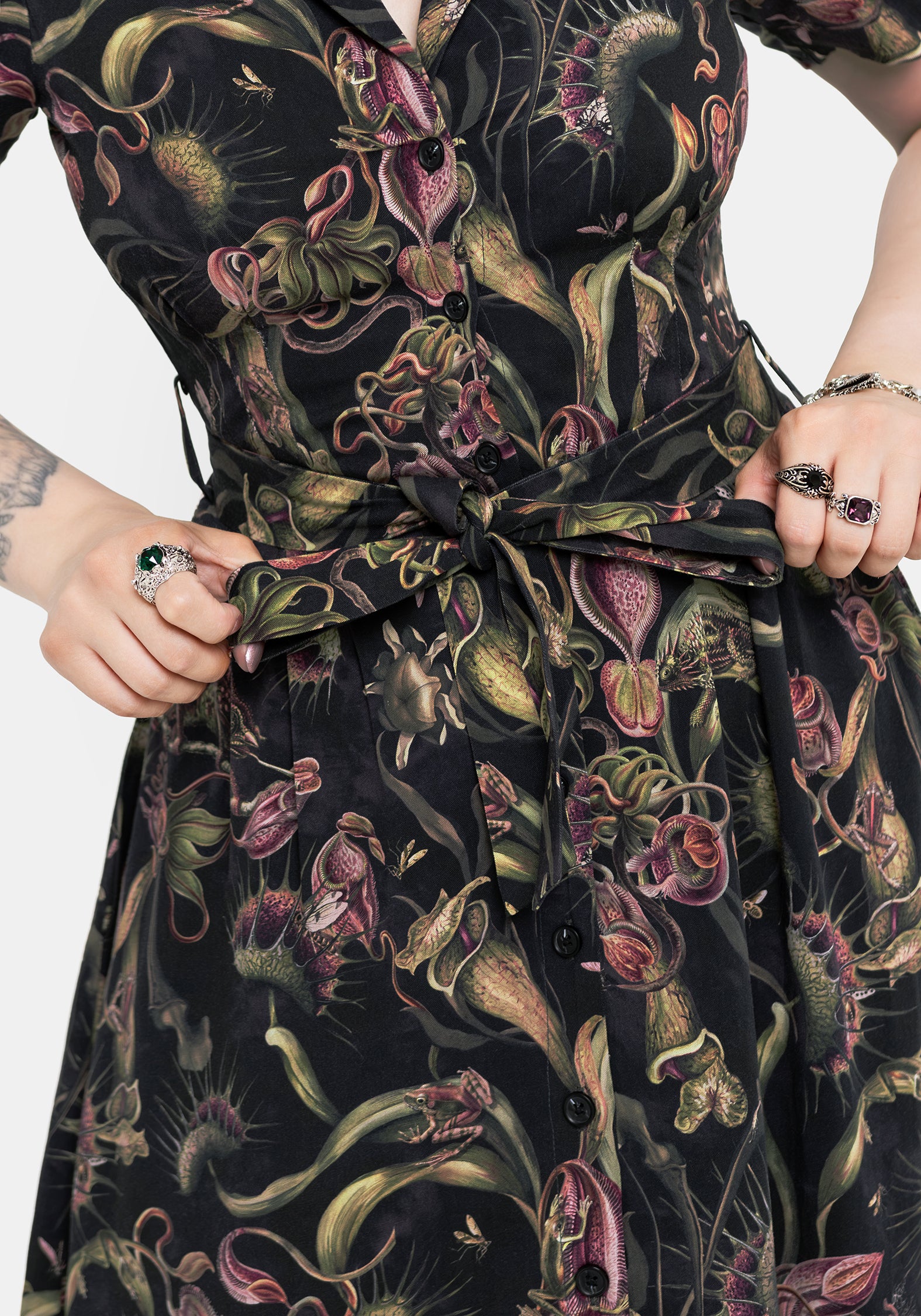 Dionaea Flytrap Print Button Up Midi Shirt Dress