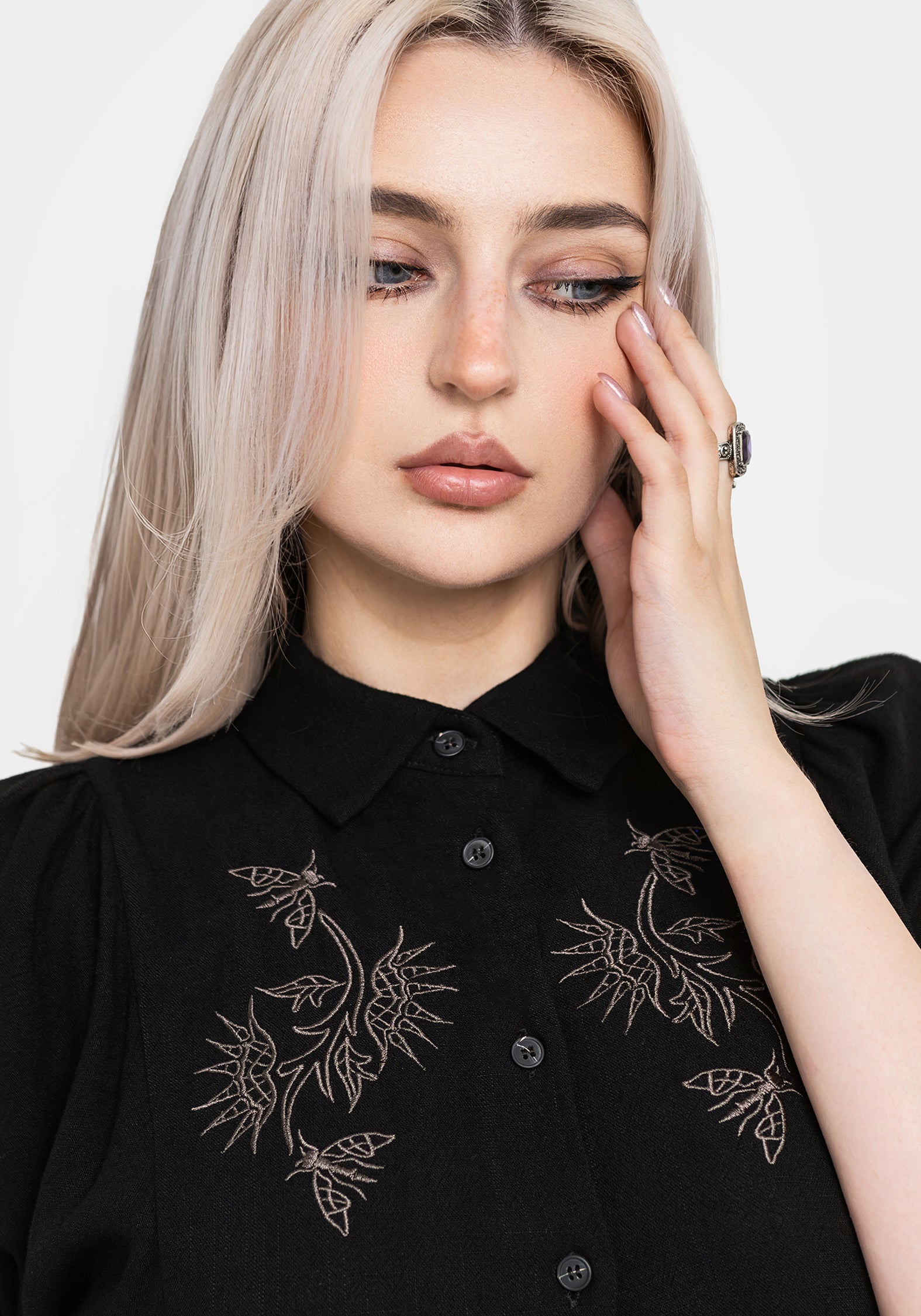 Dionaea Flytrap Embroidered Midi Shirt Dress