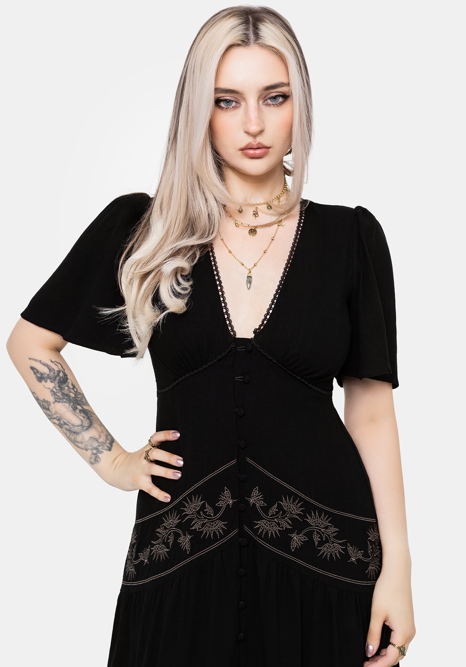 Dionaea Flytrap Embroidered Tiered Midaxi Dress