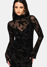 Cimora Dandelion Flocked Mesh Ruched Midaxi Dress