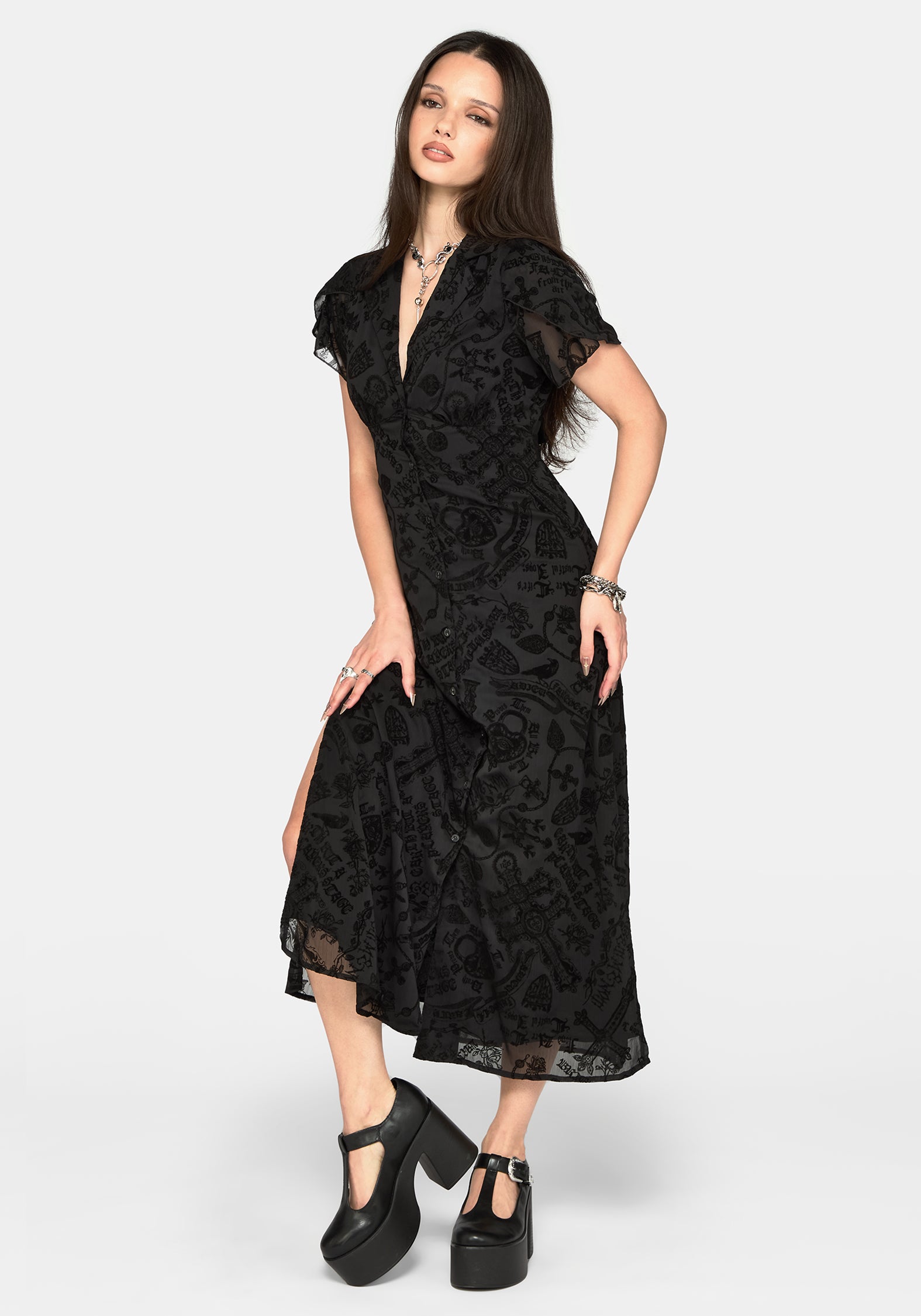 Sanct Flocked Chiffon Puff Sleeve Midaxi Dress