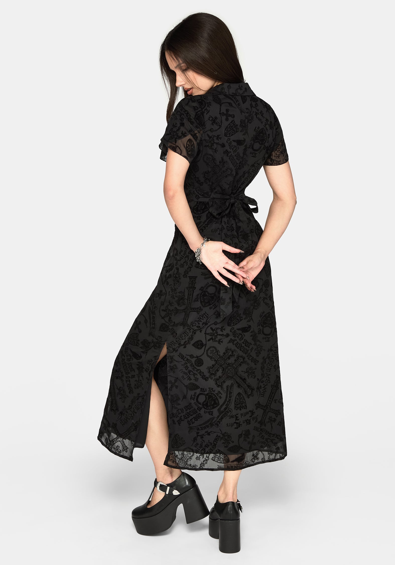 Sanct Flocked Chiffon Puff Sleeve Midaxi Dress