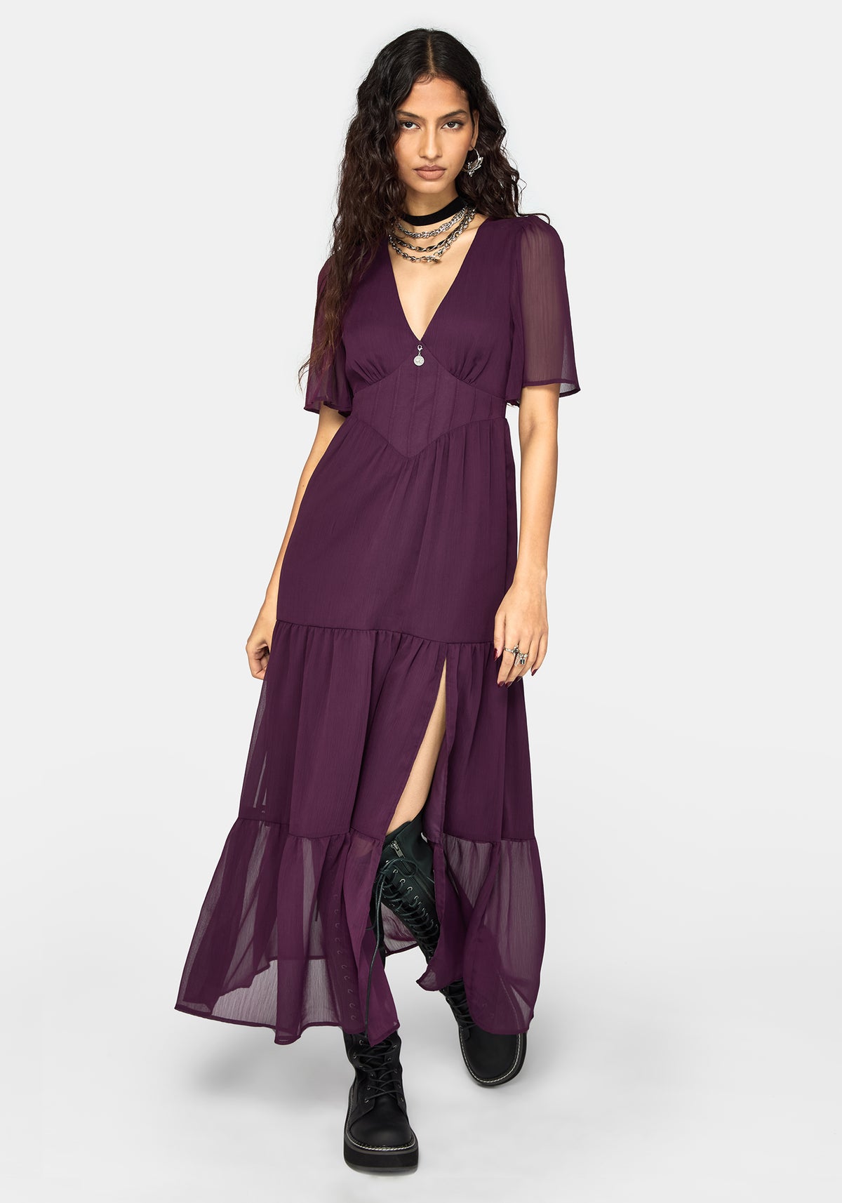 Emer Angel Sleeve Pintuck Waist Maxi Dress