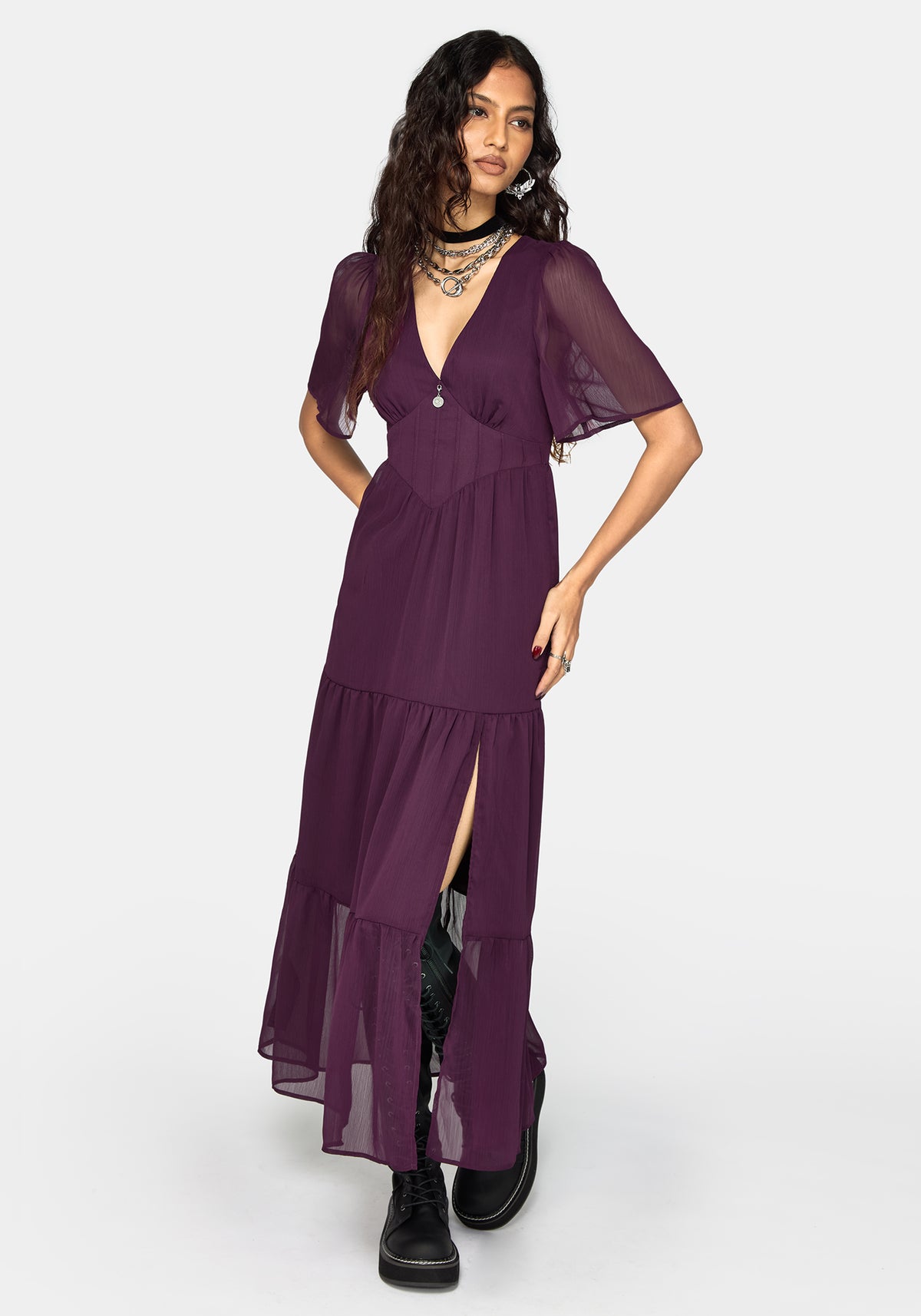 Emer Angel Sleeve Pintuck Waist Maxi Dress