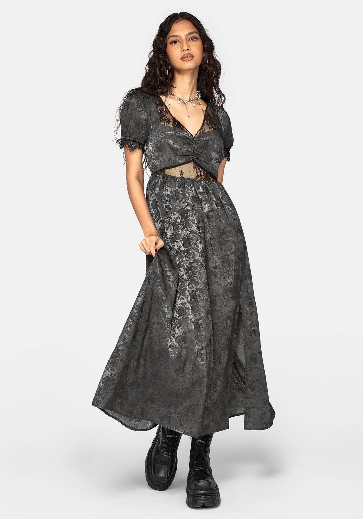 Lili Jacquard Lace Insert Ruched Bust Midi Dress