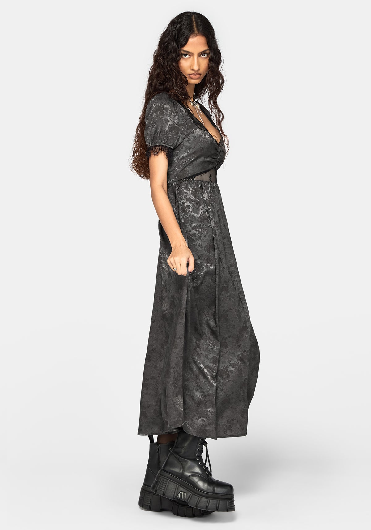 Lili Jacquard Lace Insert Ruched Bust Midi Dress