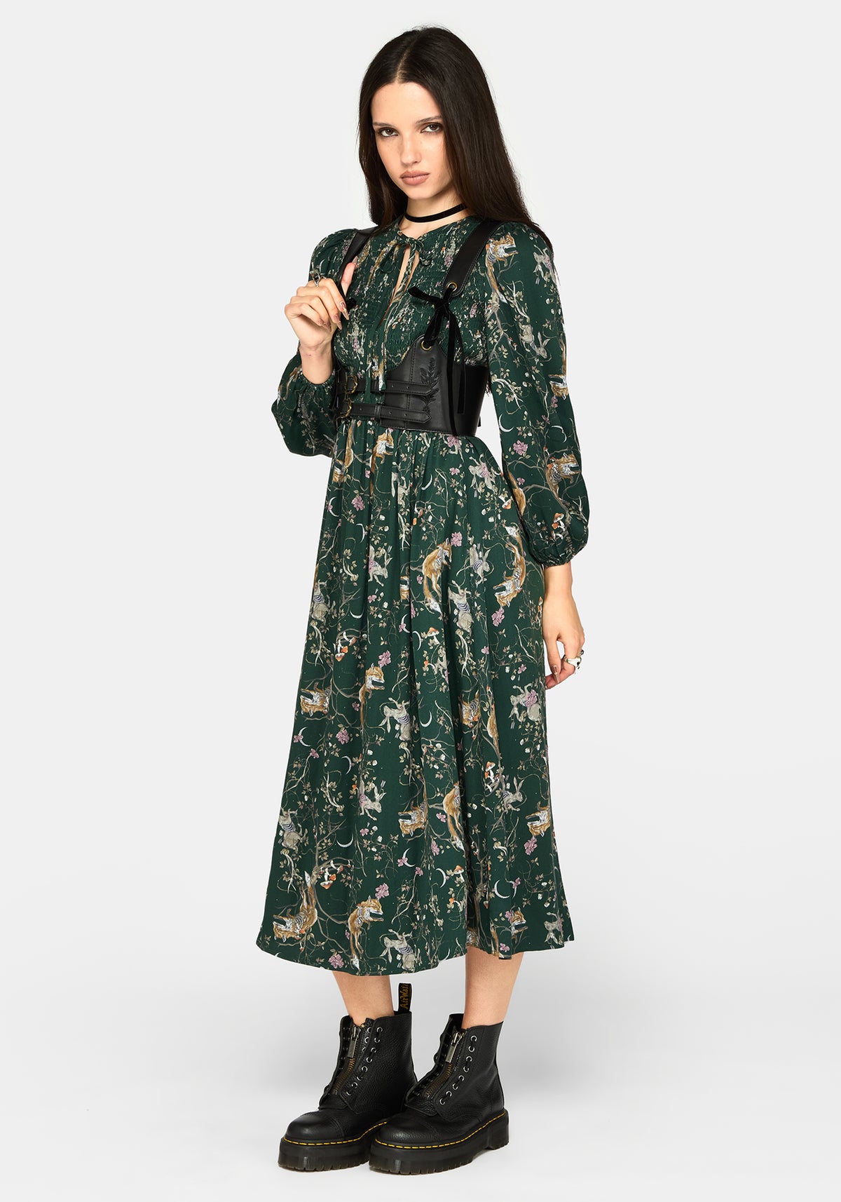 Renard Print Smocked Keyhole Midi Dress