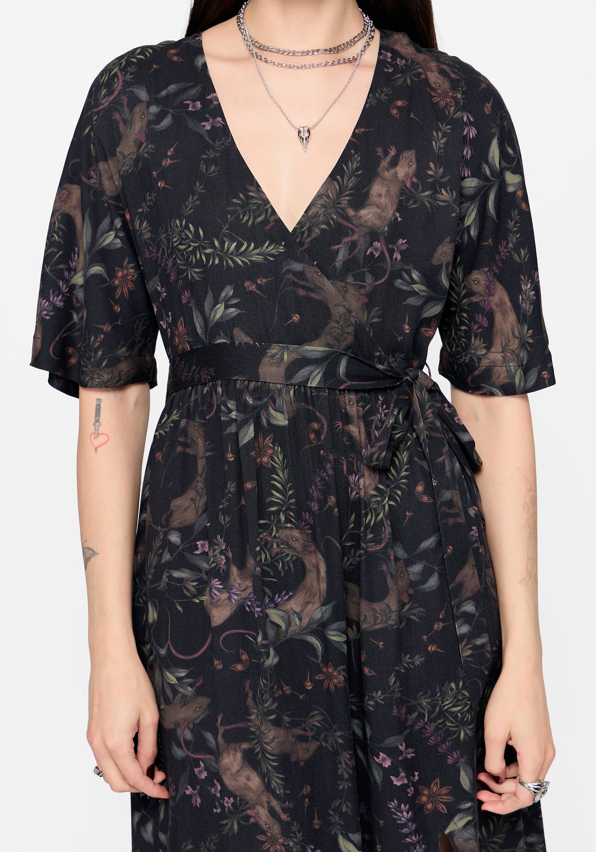 Curio Print Wrap Front Midi Dress