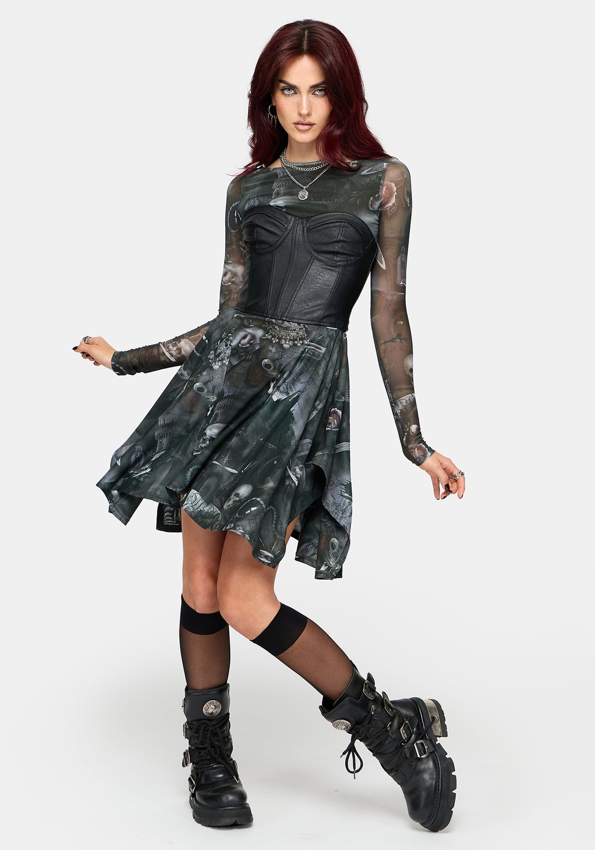 Nox Print Mesh Panelled Skirt Mini Dress