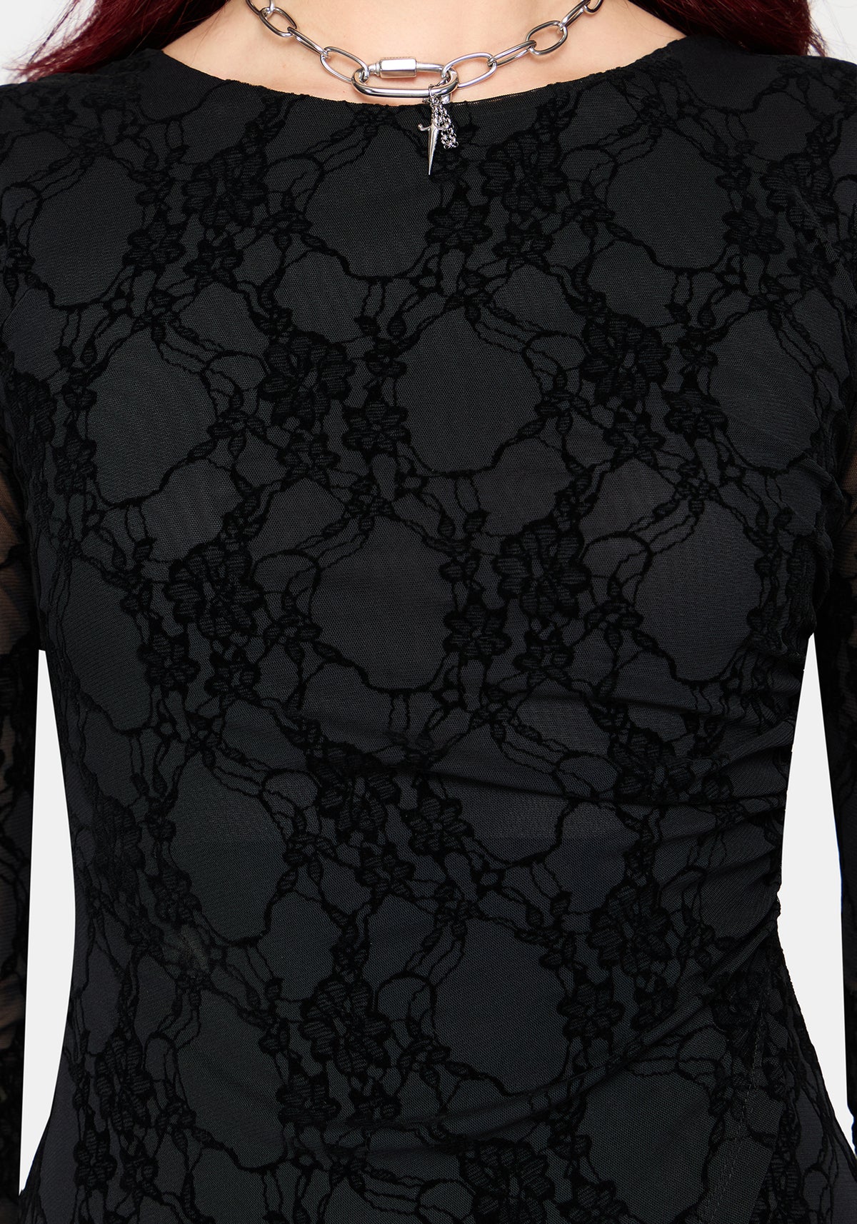 Melantha Flocked Mesh Lace Print Midaxi Dress