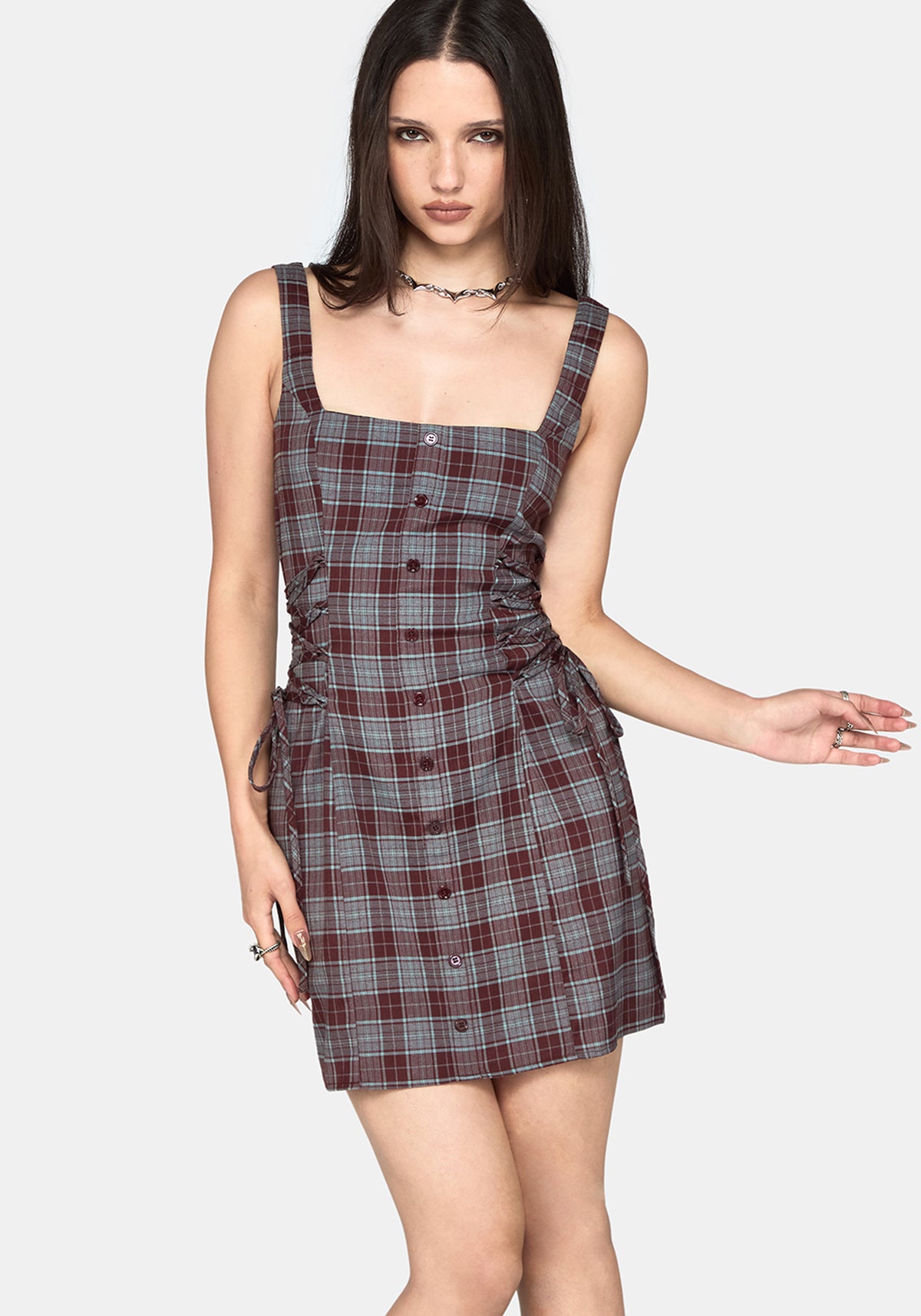Aimil Check Lace Up Side Mini Dress