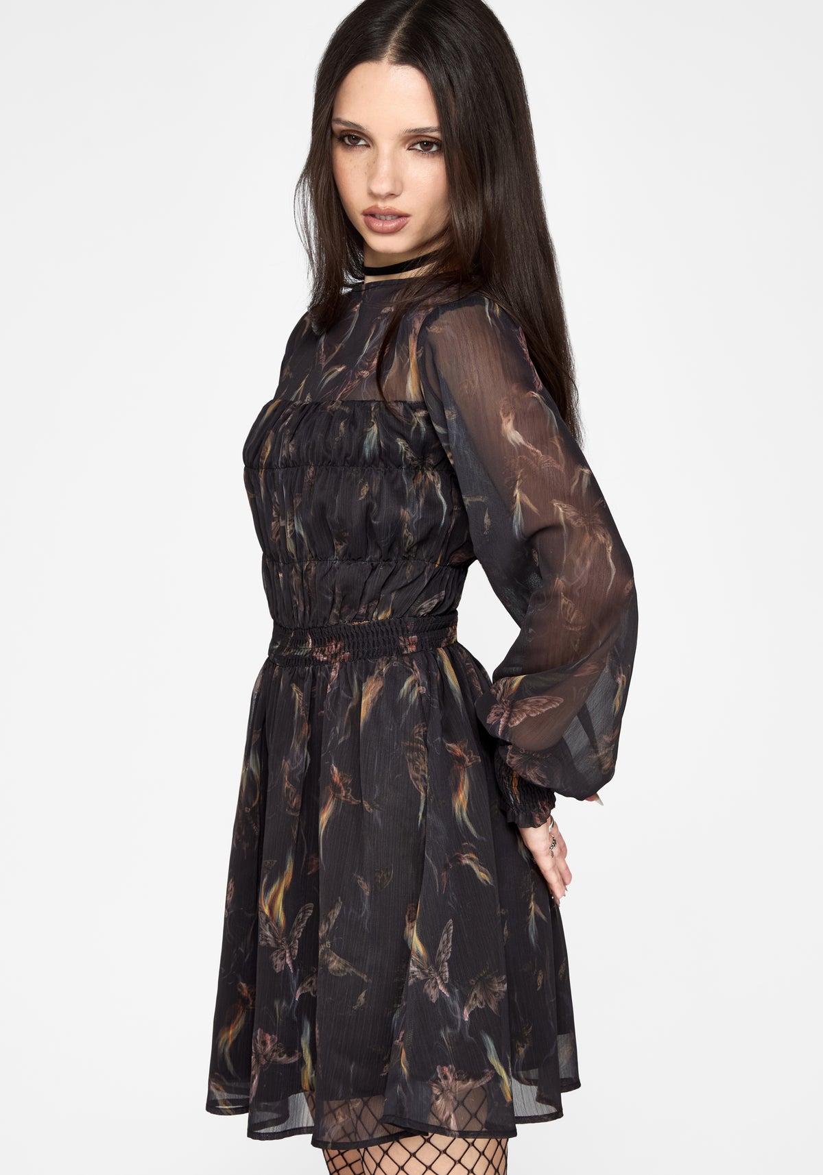Ember Moth Print Chiffon Shirred Mini Dress