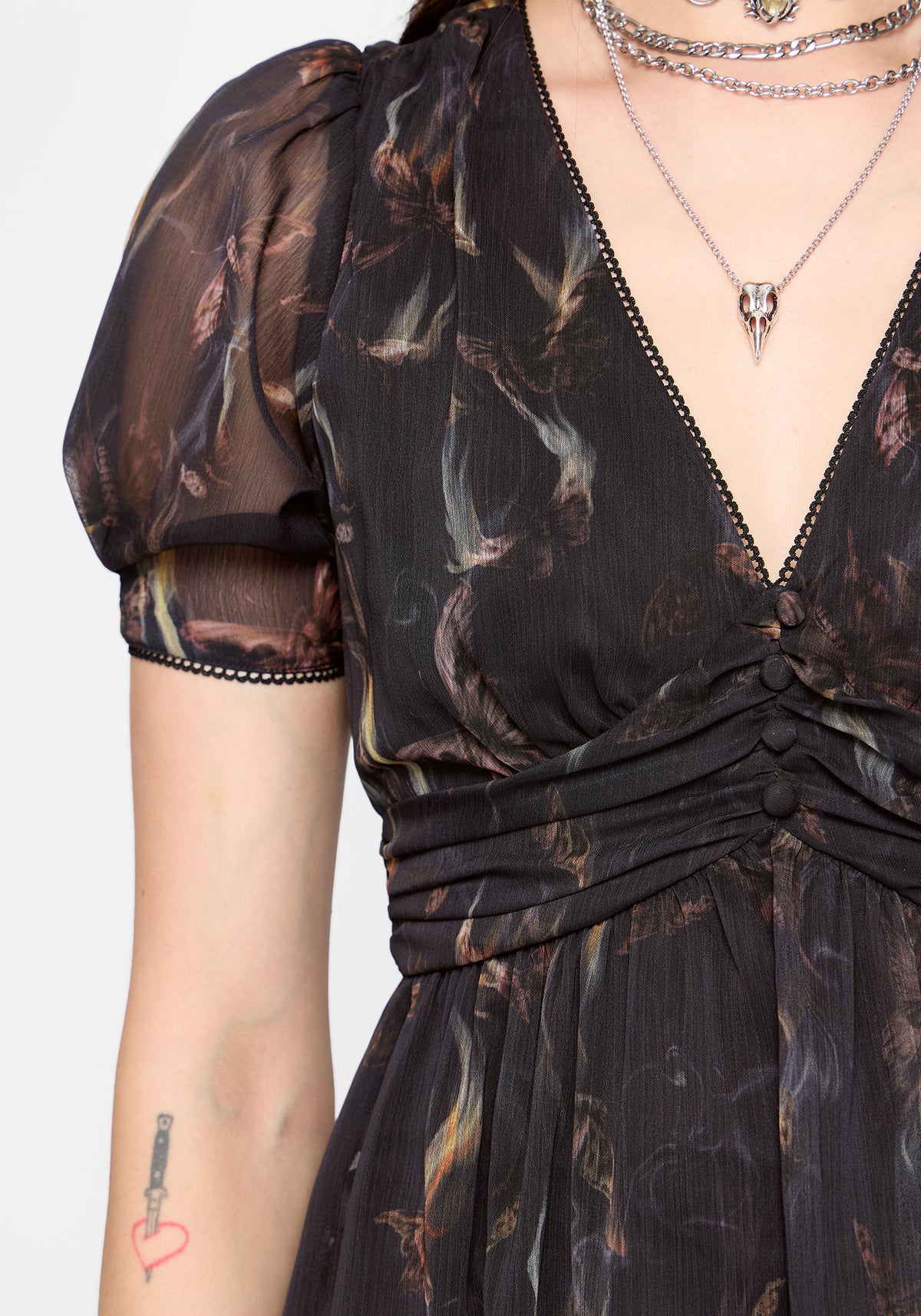 Ember Moth Print Chiffon Midi Dress