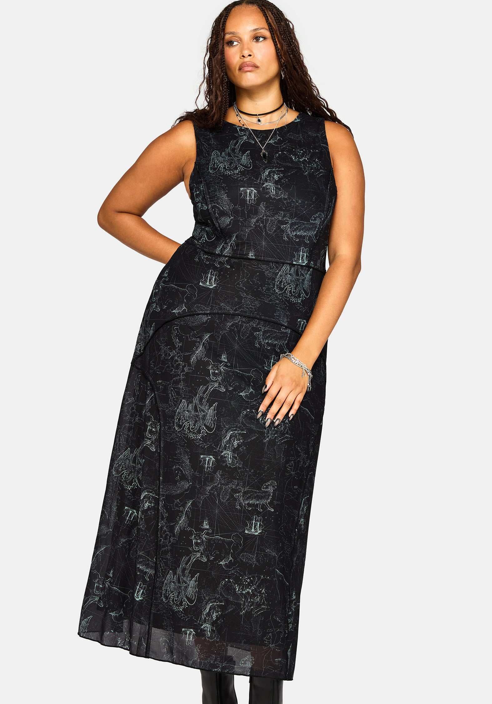Kosmara Map Print Mesh Midaxi Dress