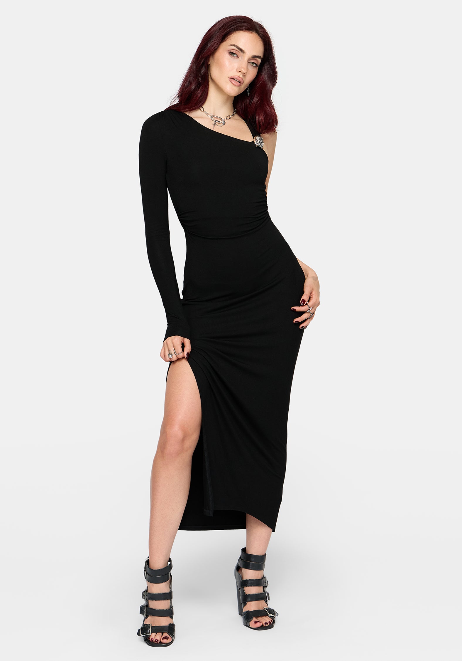 Maribel Skull Asymmetric Sleeve Midaxi Dress
