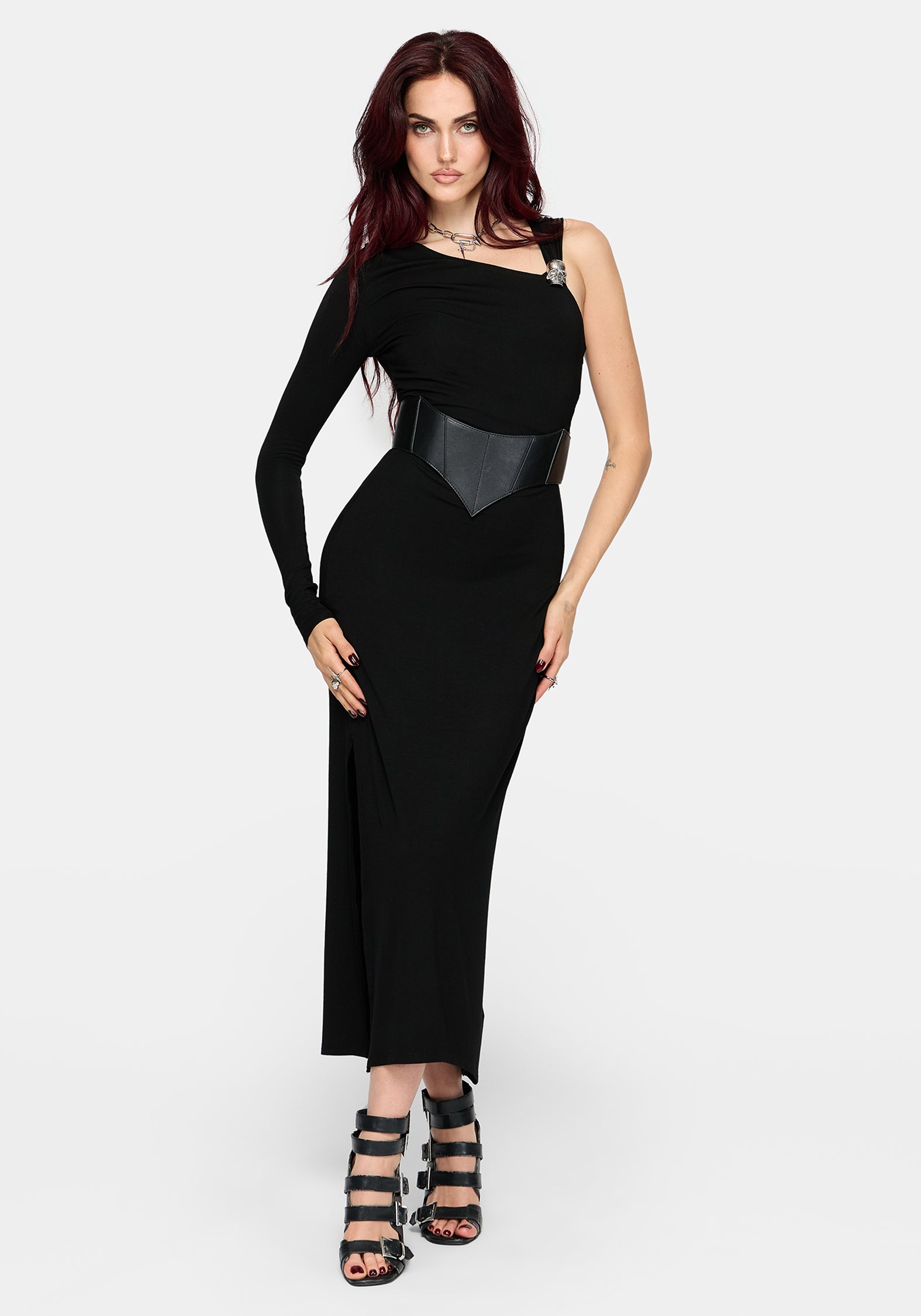 Maribel Skull Asymmetric Sleeve Midaxi Dress