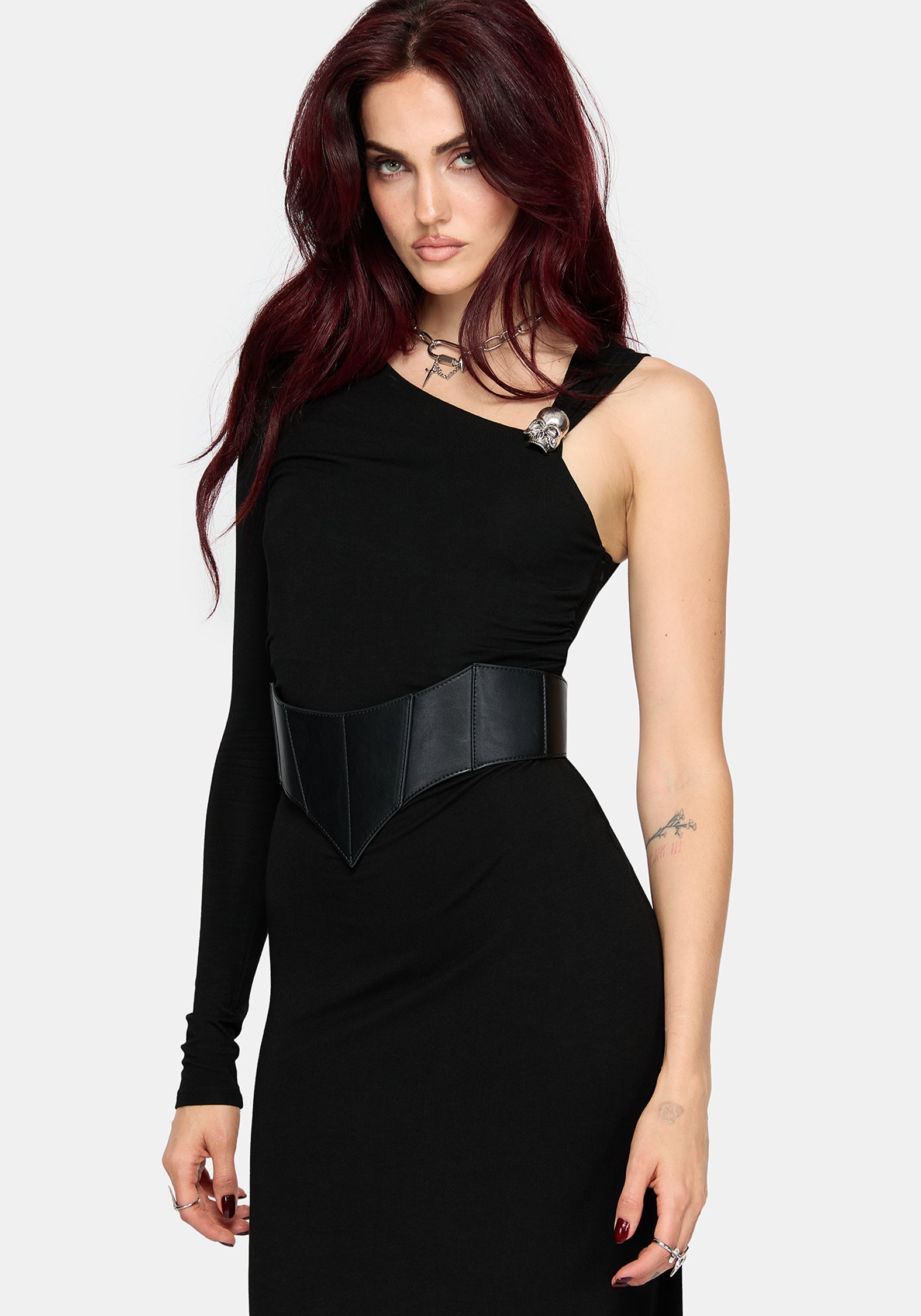 Maribel Skull Asymmetric Sleeve Midaxi Dress