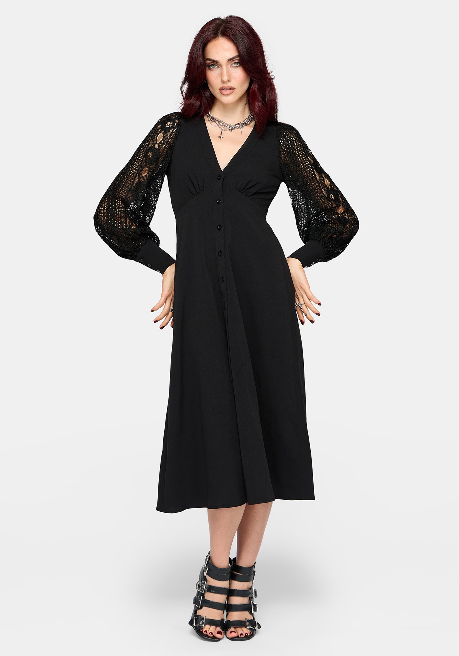 Covenant Lace Sleeve Button Up Midi Dress