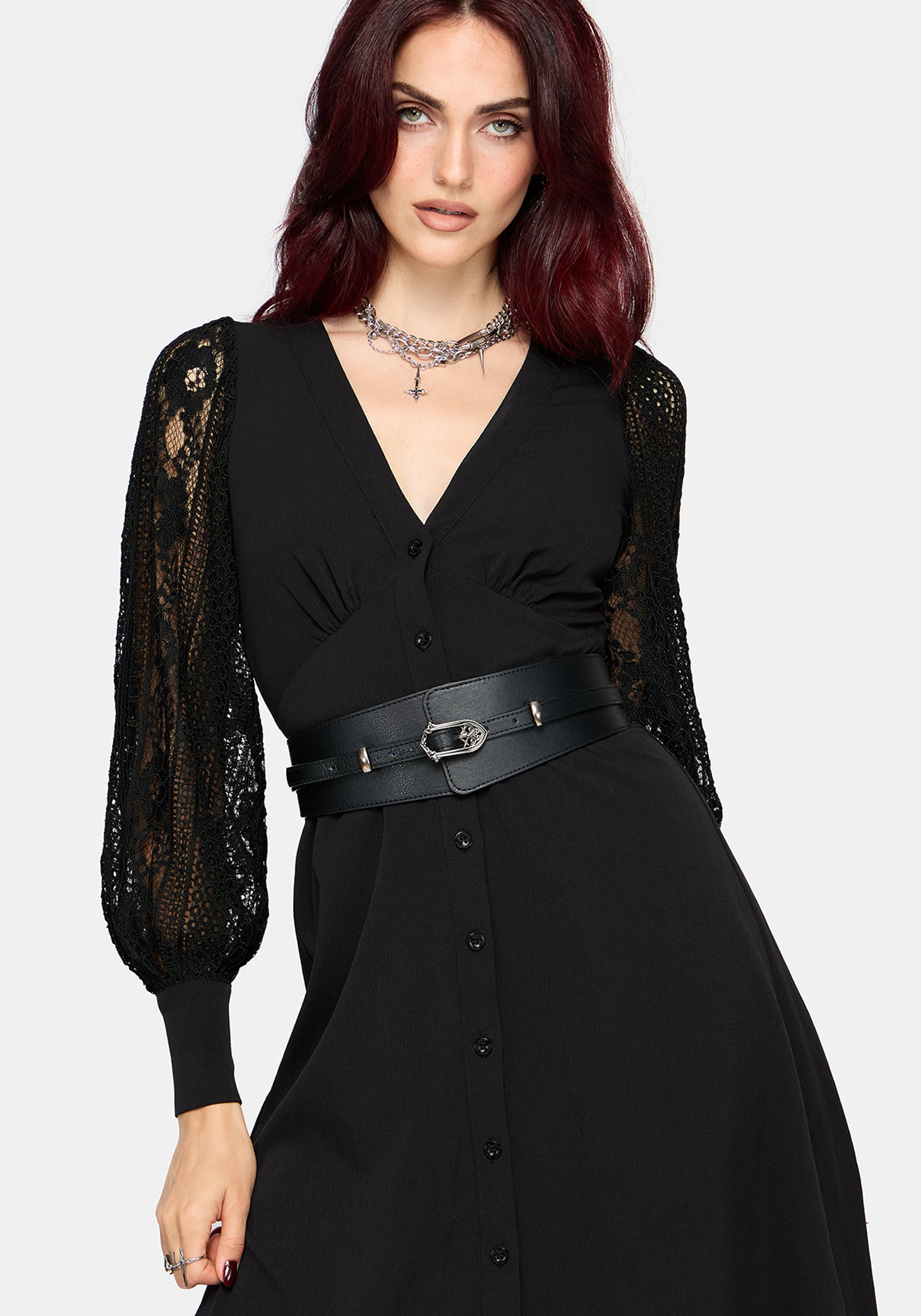 Covenant Lace Sleeve Button Up Midi Dress