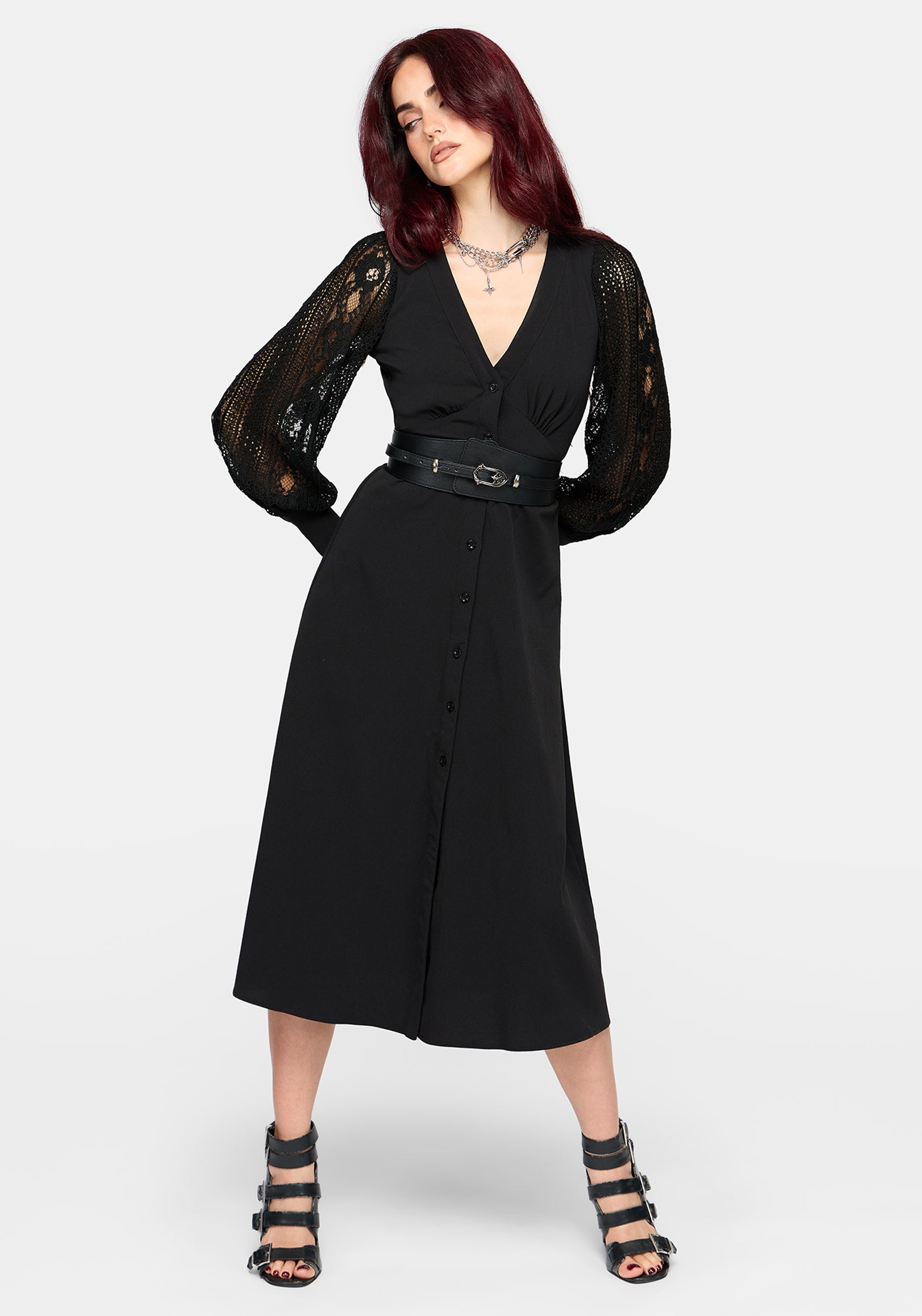 Covenant Lace Sleeve Button Up Midi Dress