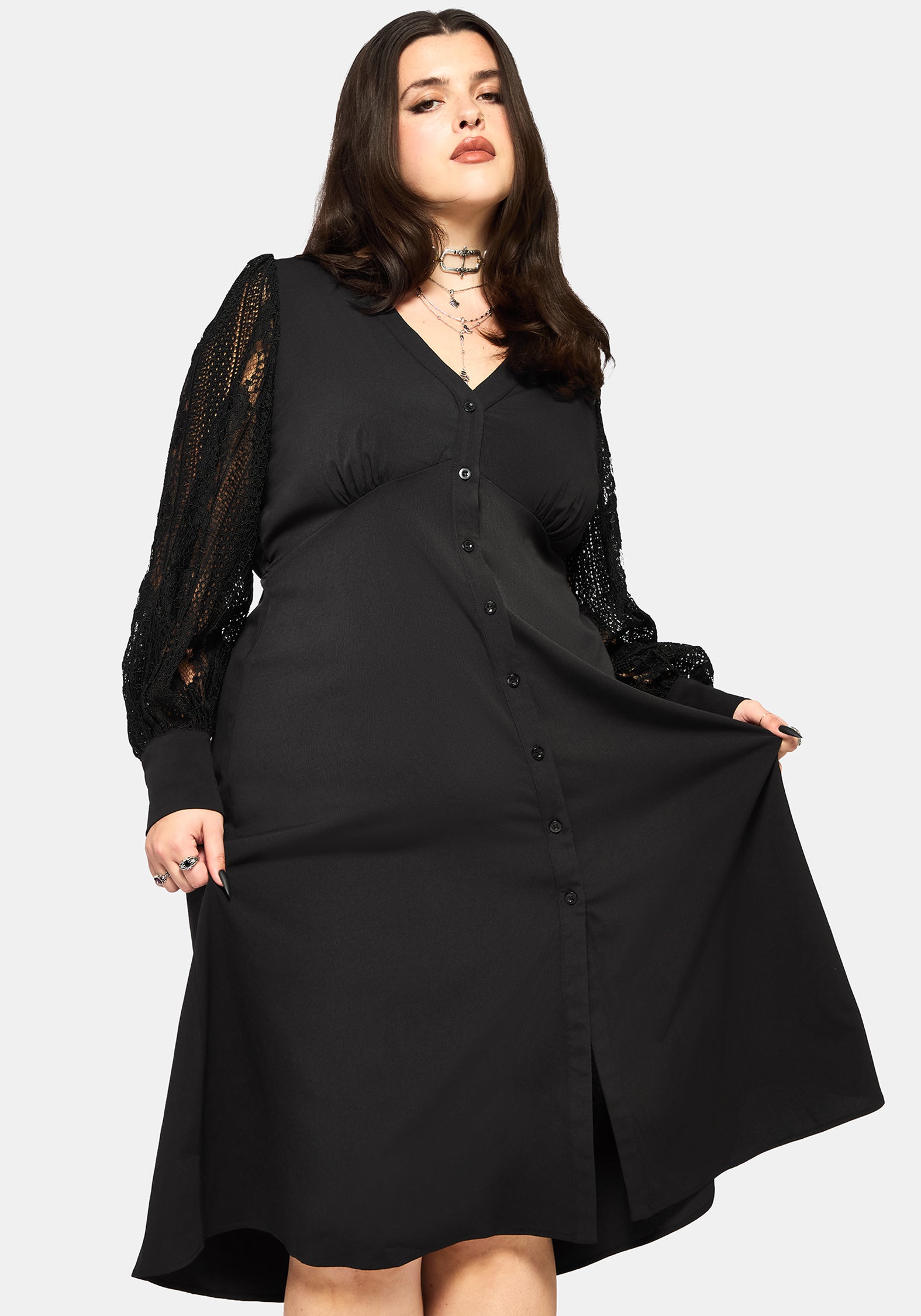 Covenant Lace Sleeve Button Up Midi Dress