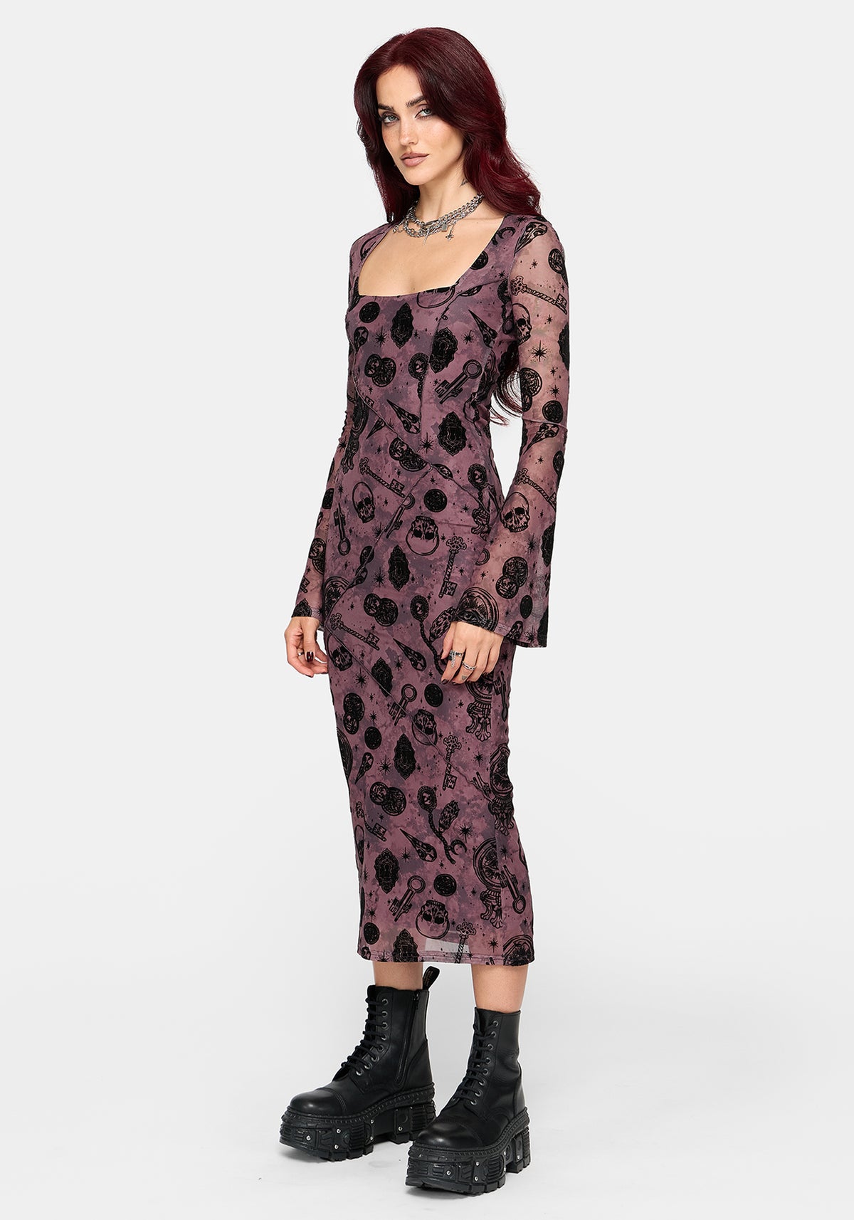Equinox Flocked Long Sleeve Bodycon Midaxi Dress