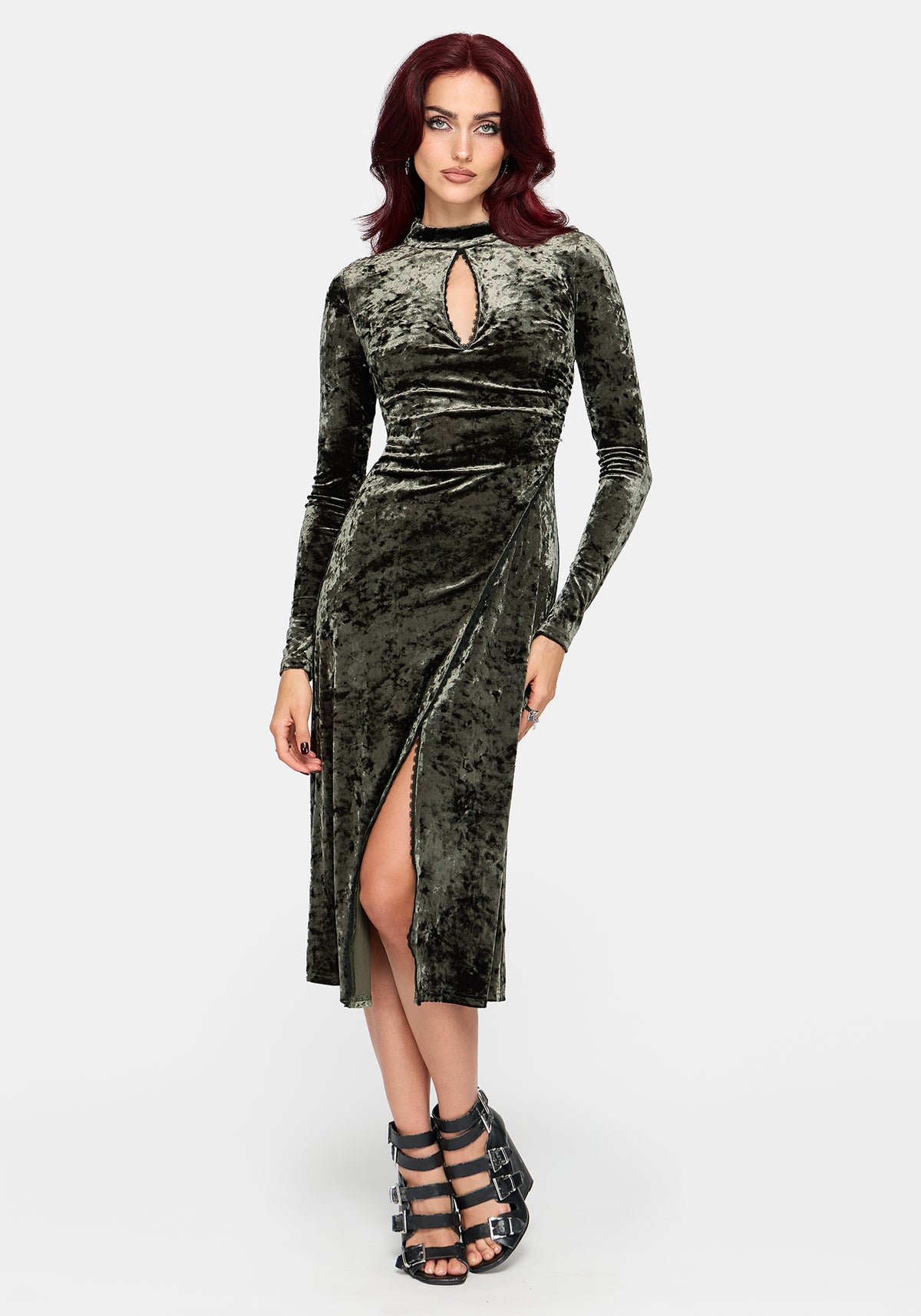 Nellie Green Velour Lace Trim Midi Dress UK 6