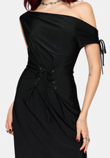 A black off-the-shoulder mini dress with a lace-up waist detail, shown on a model against a light gray background.