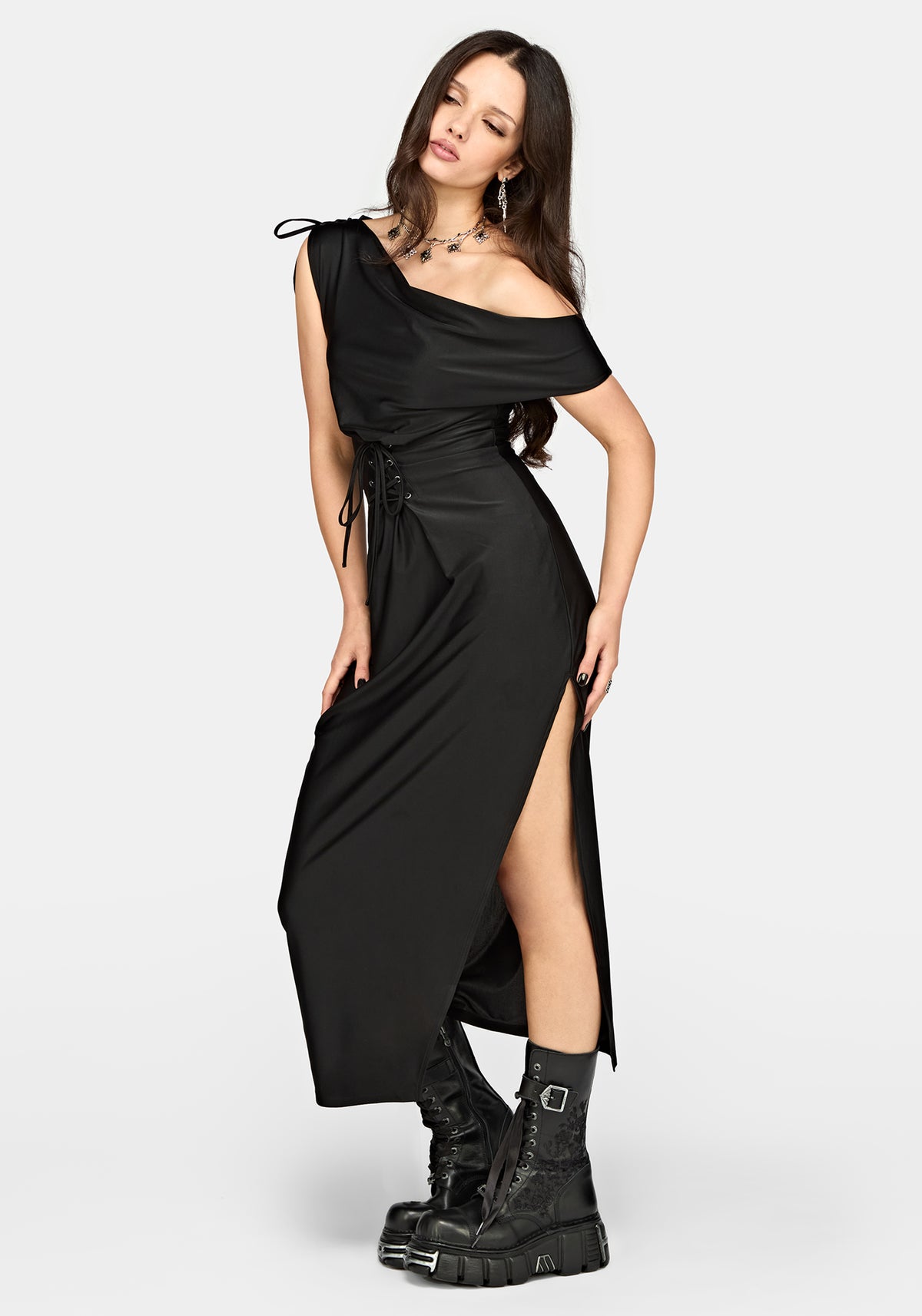 Noctavia Asymmetric Lace up Midaxi Dress