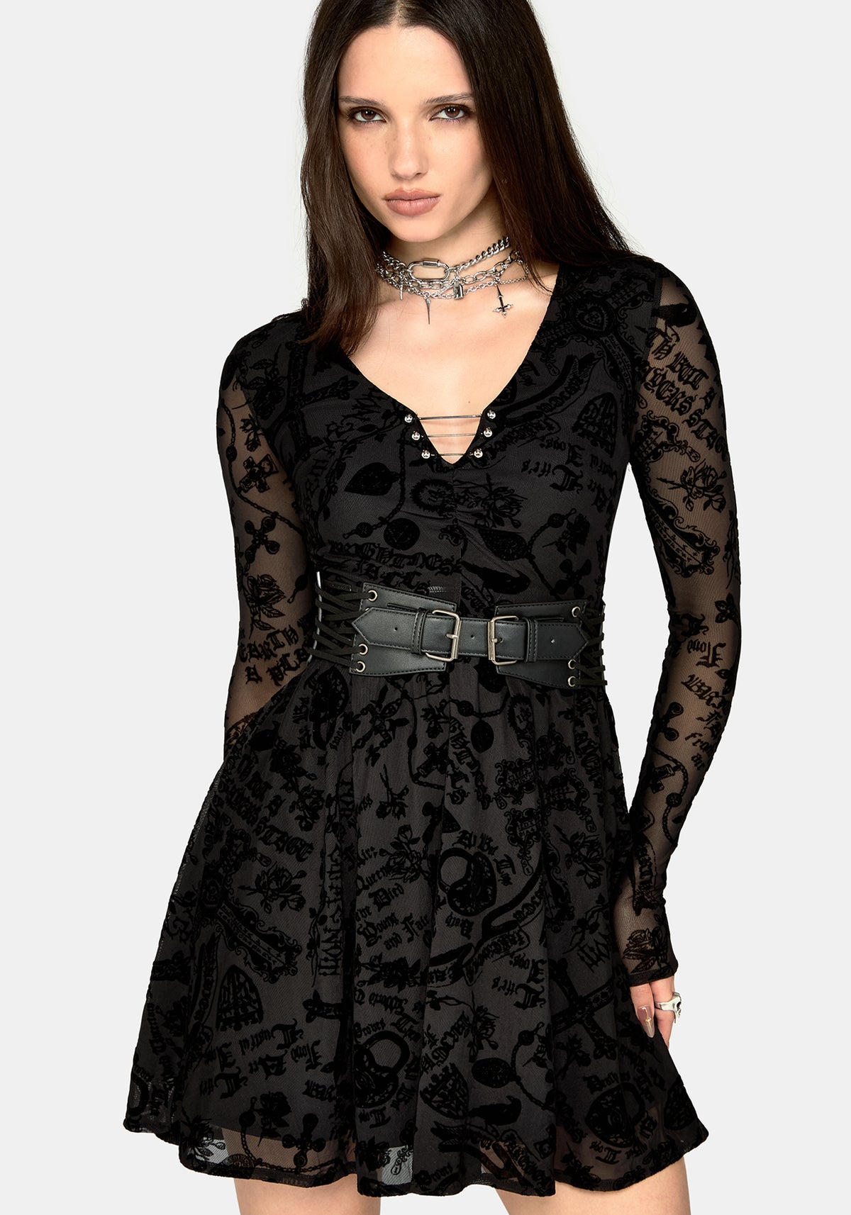 Sanct Flocked Mesh Long Sleeve Mini Dress